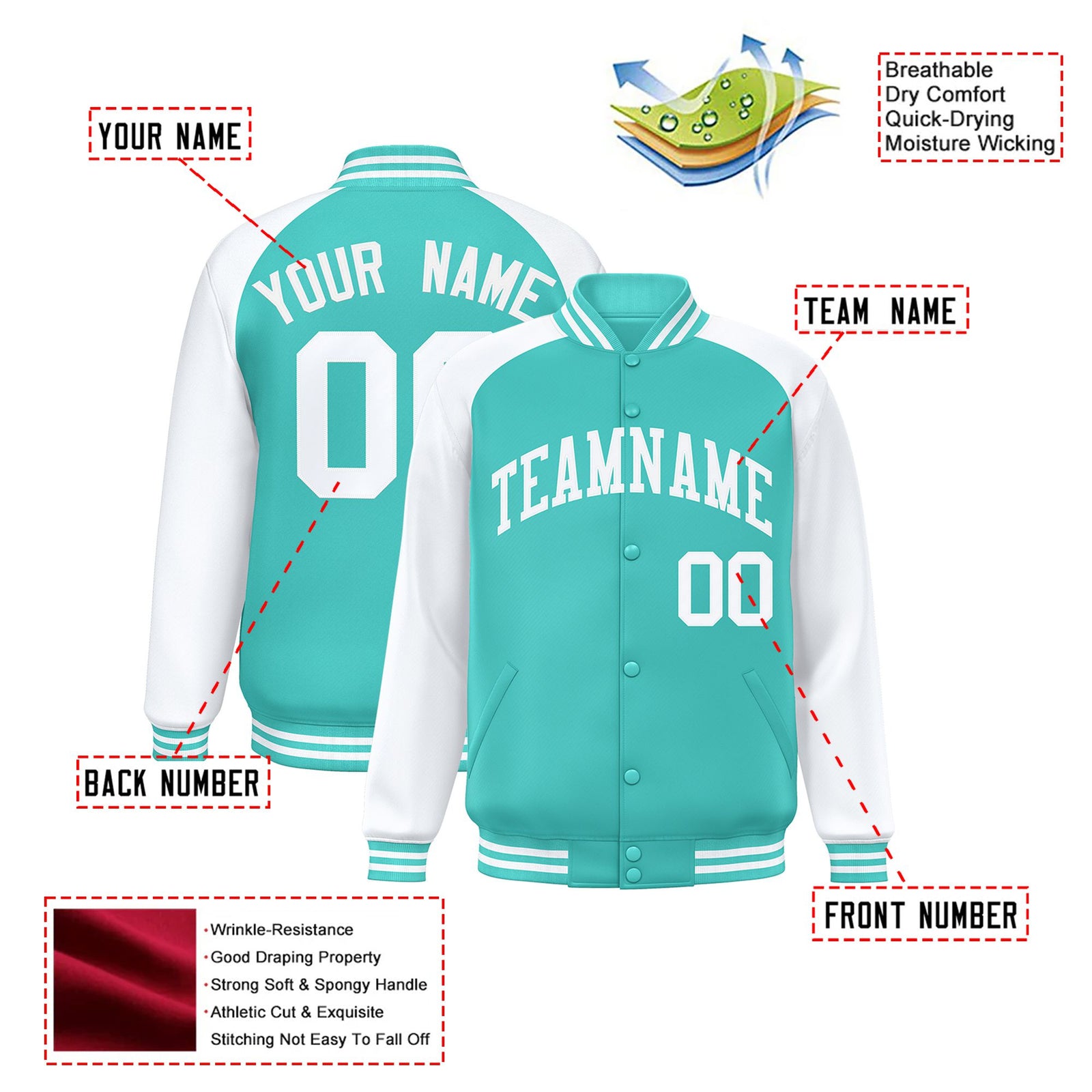 Custom Aqua-White Bomber Raglan Sleeves Varsity Letterman Jacket
