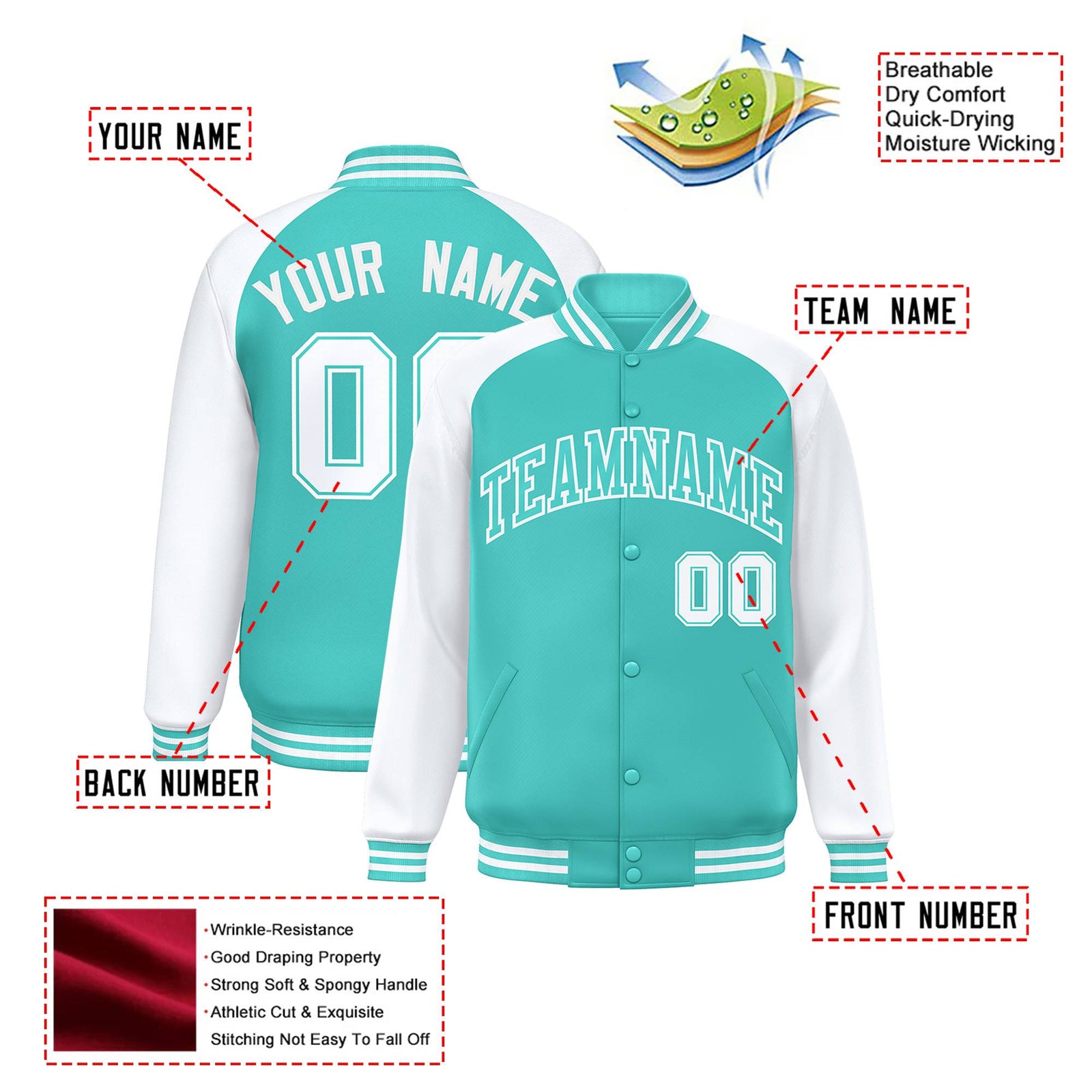 Custom Aqua Aqua-White Bomber Raglan Sleeves Varsity Letterman Jacket