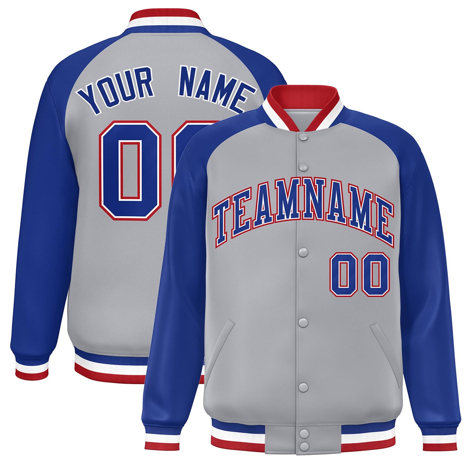 Custom Gray Thunder-Blue Red Bomber Raglan Sleeves Varsity Letterman Jacket