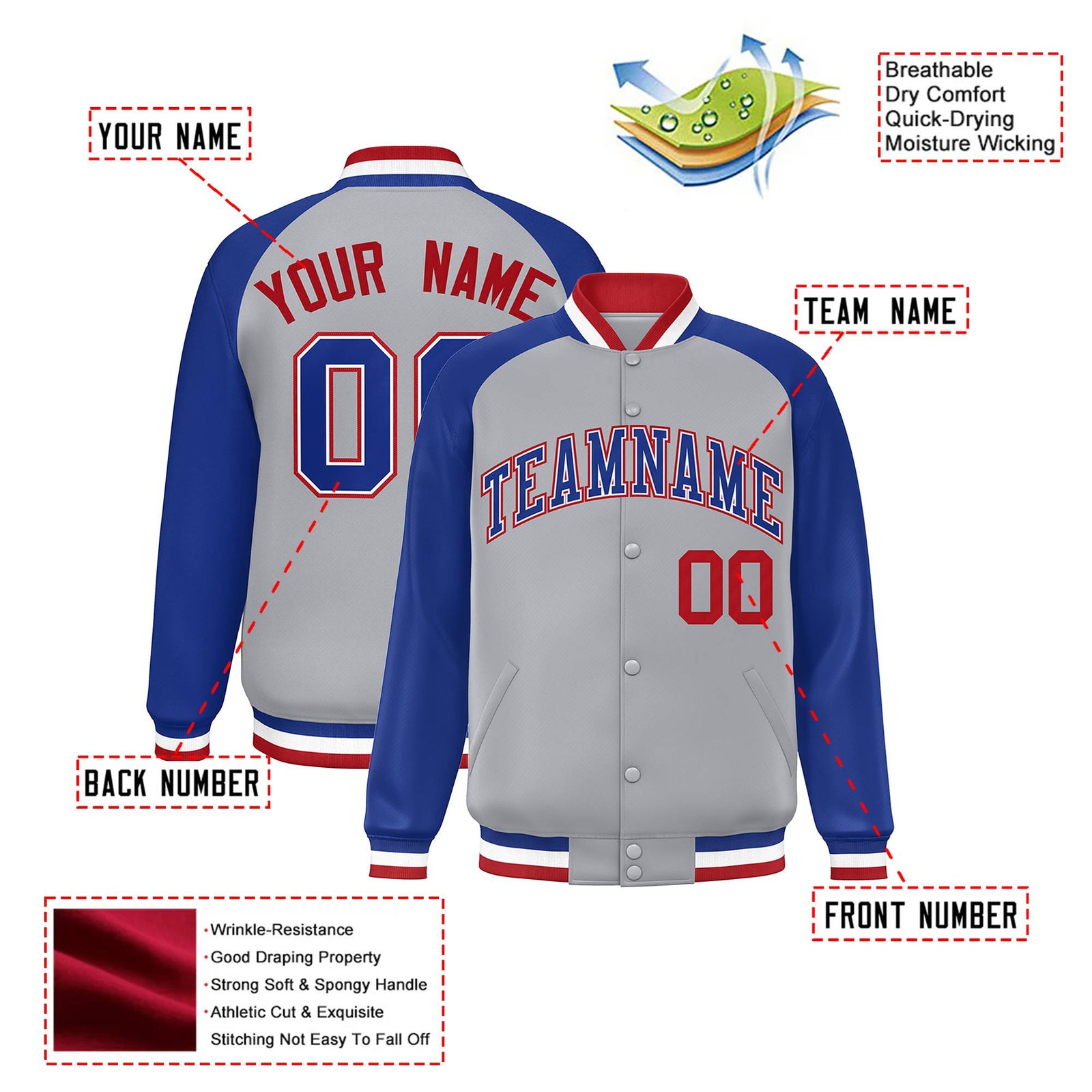 Custom Gray Thunder-Blue Red Bomber Raglan Sleeves Varsity Letterman Jacket