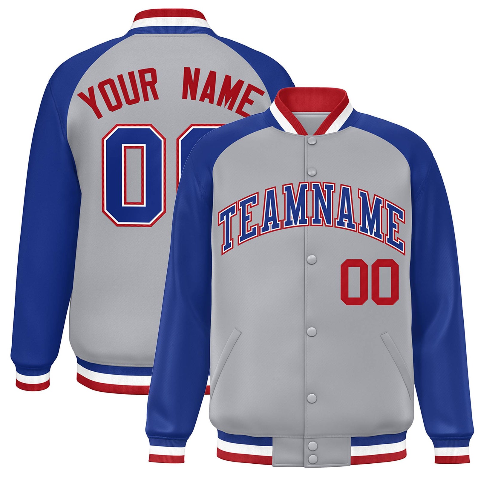 Custom Gray Thunder-Blue Red Bomber Raglan Sleeves Varsity Letterman Jacket