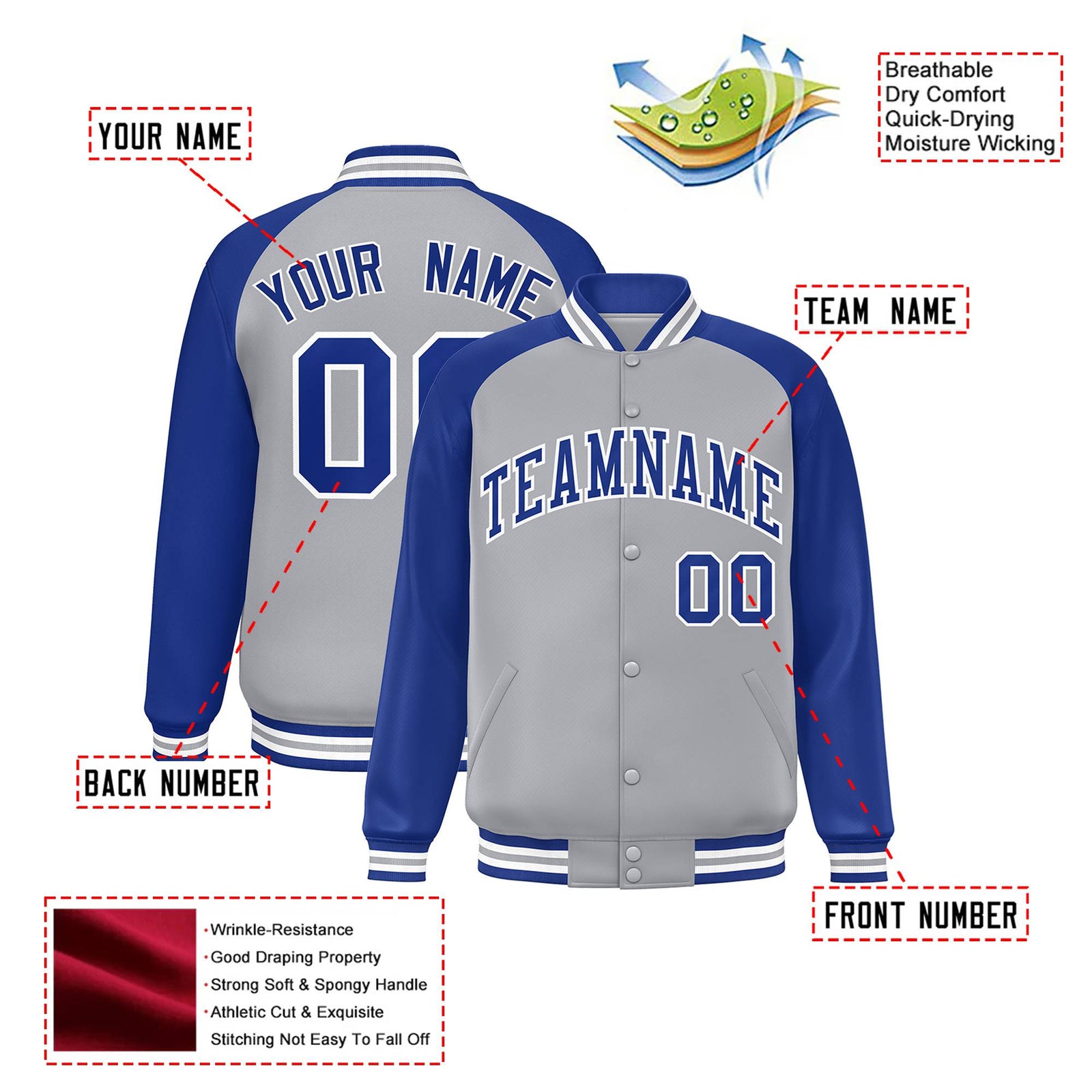 Custom Gray Thunder-Blue Black Bomber Raglan Sleeves Varsity Letterman Jacket