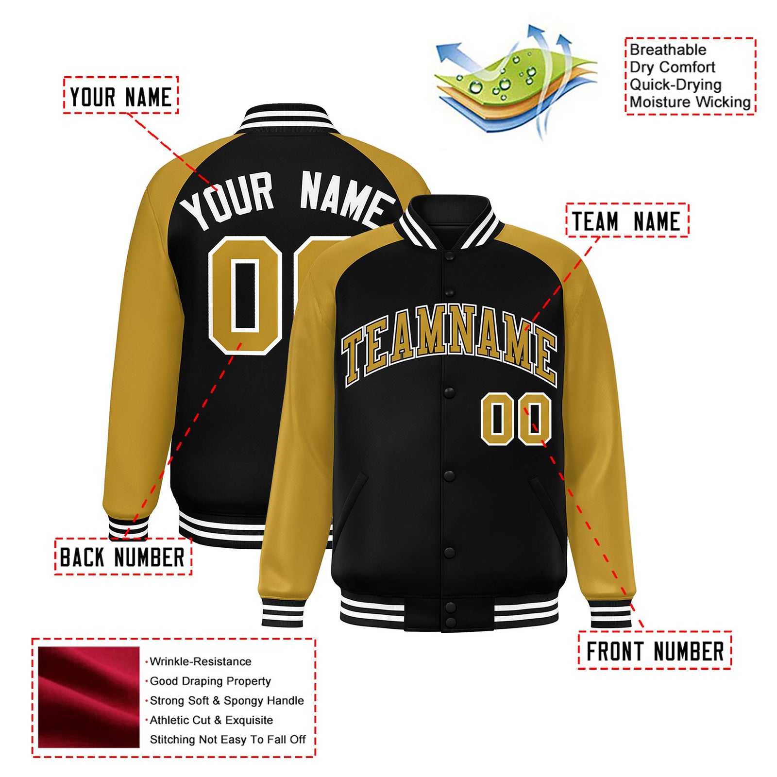 Custom Black Old-Gold White Bomber Raglan Sleeves Varsity Letterman Jacket