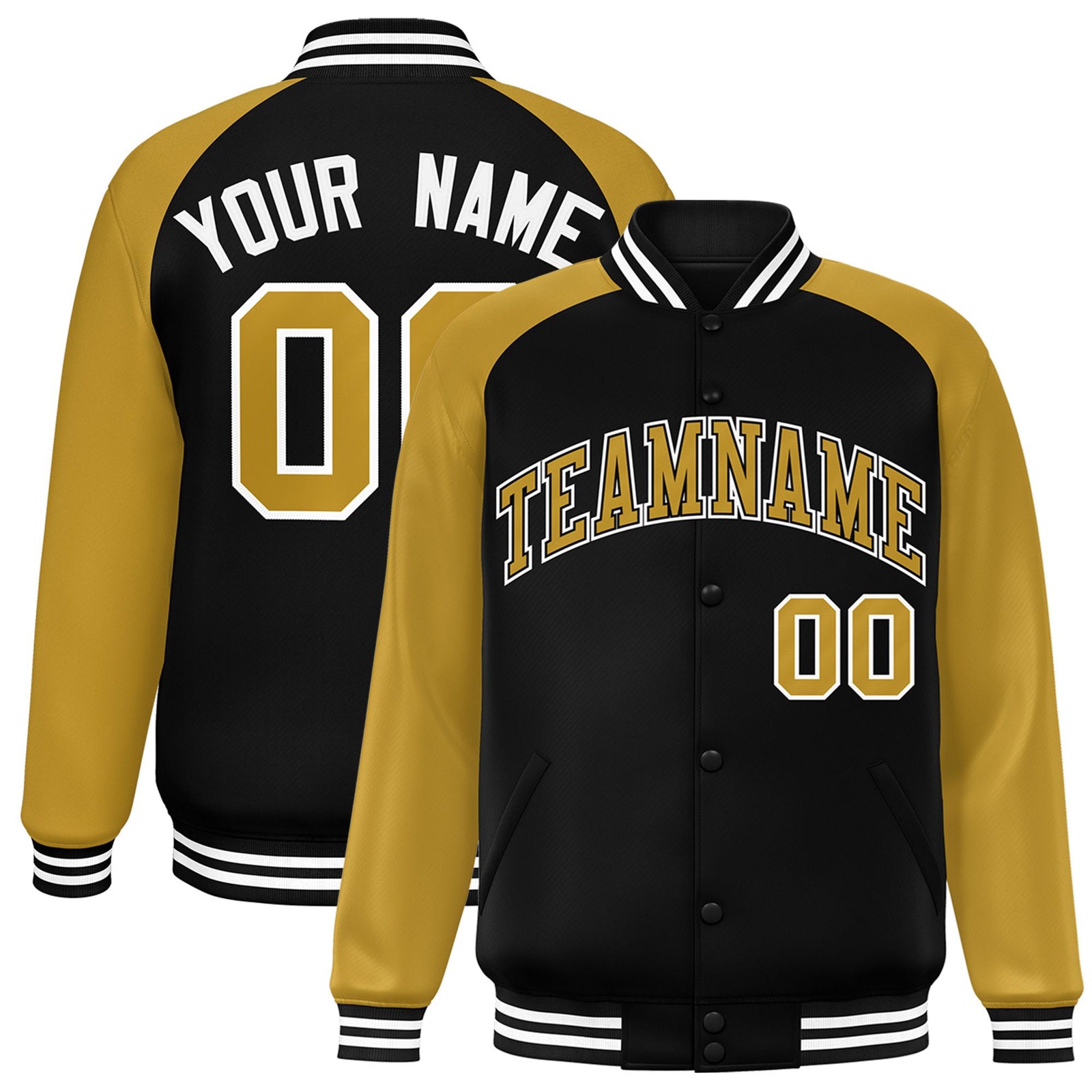 Custom Black Old-Gold White Bomber Raglan Sleeves Varsity Letterman Jacket