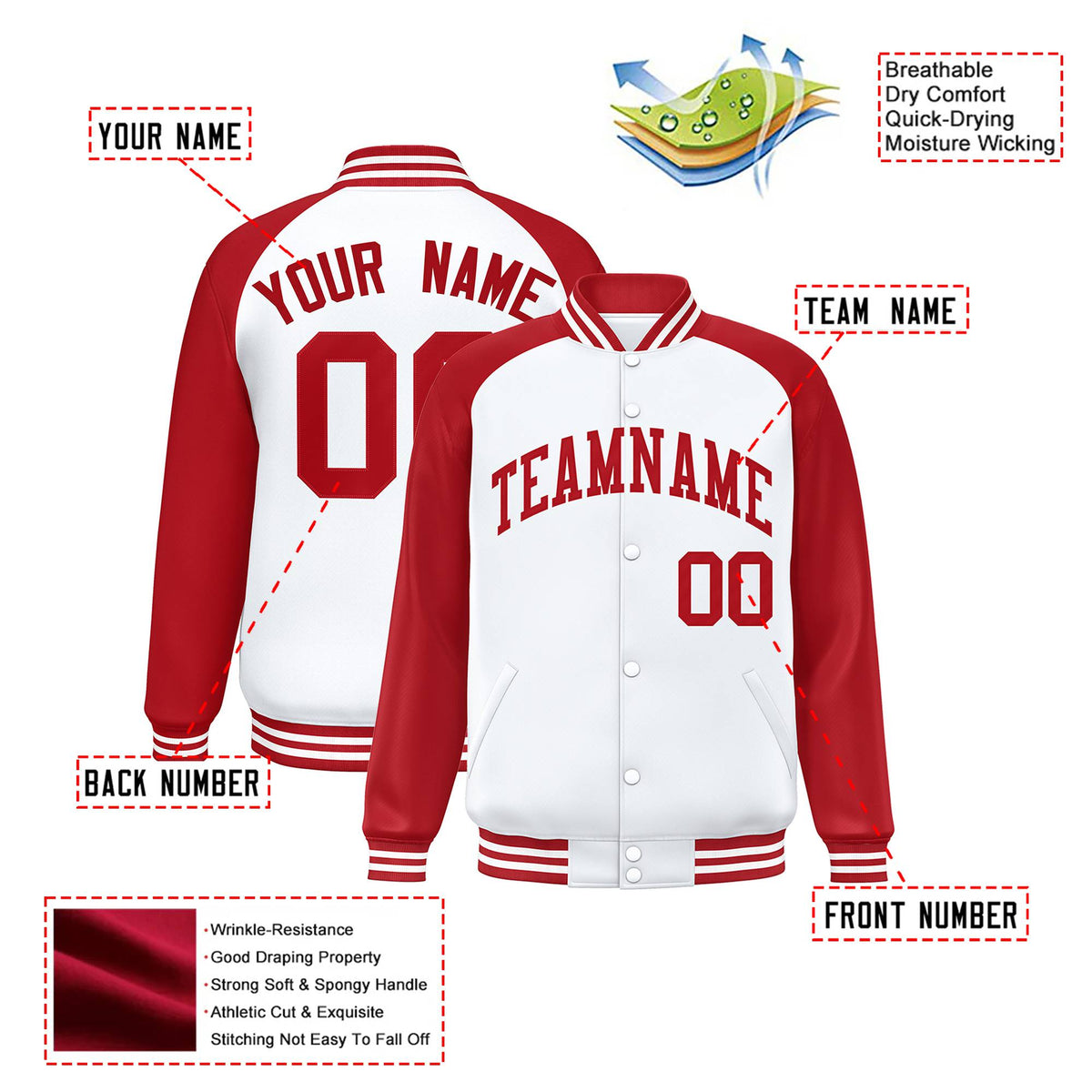 Custom White Royal-Red Bomber Raglan Sleeves Varsity Letterman Jacket
