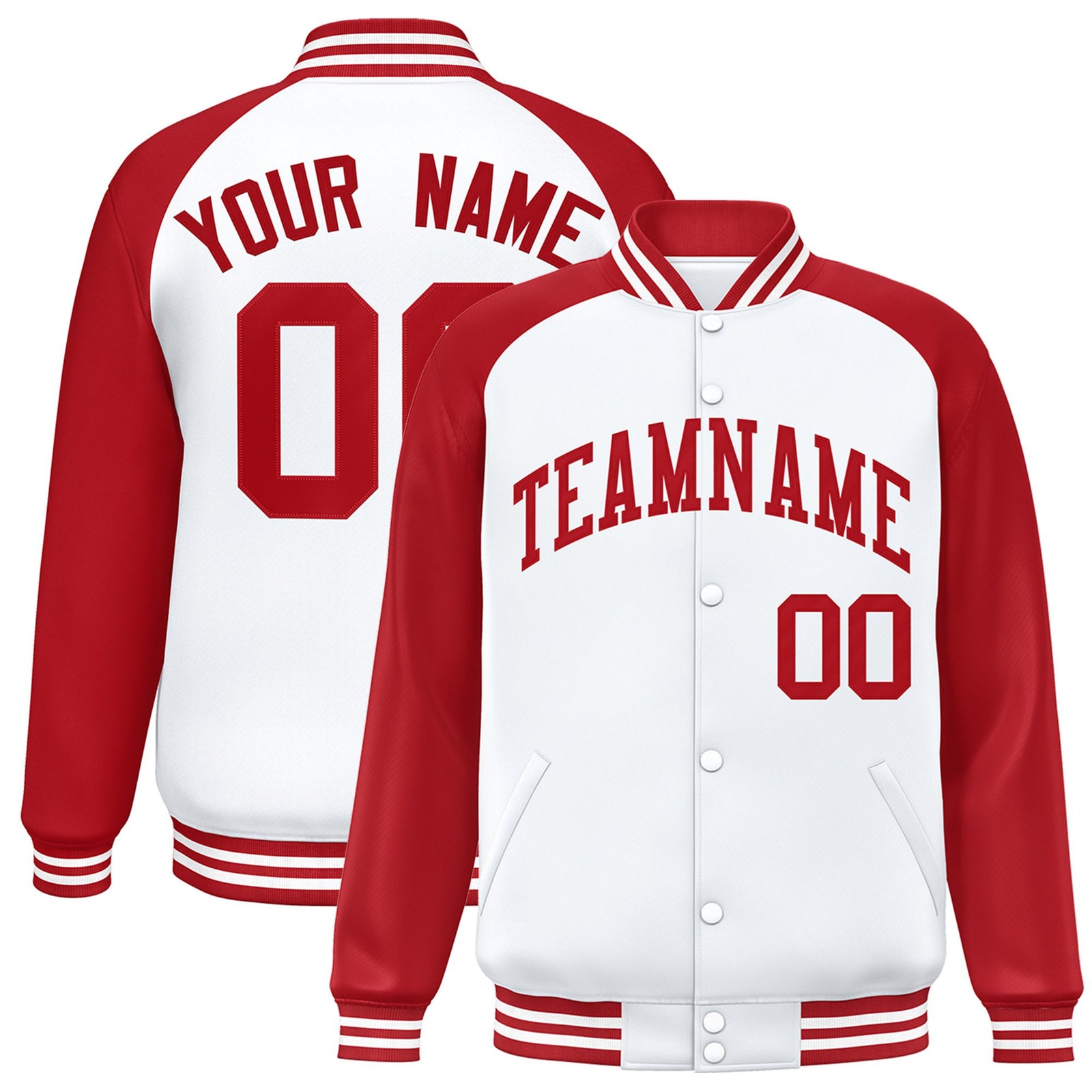 Custom White Royal-Red Bomber Raglan Sleeves Varsity Letterman Jacket