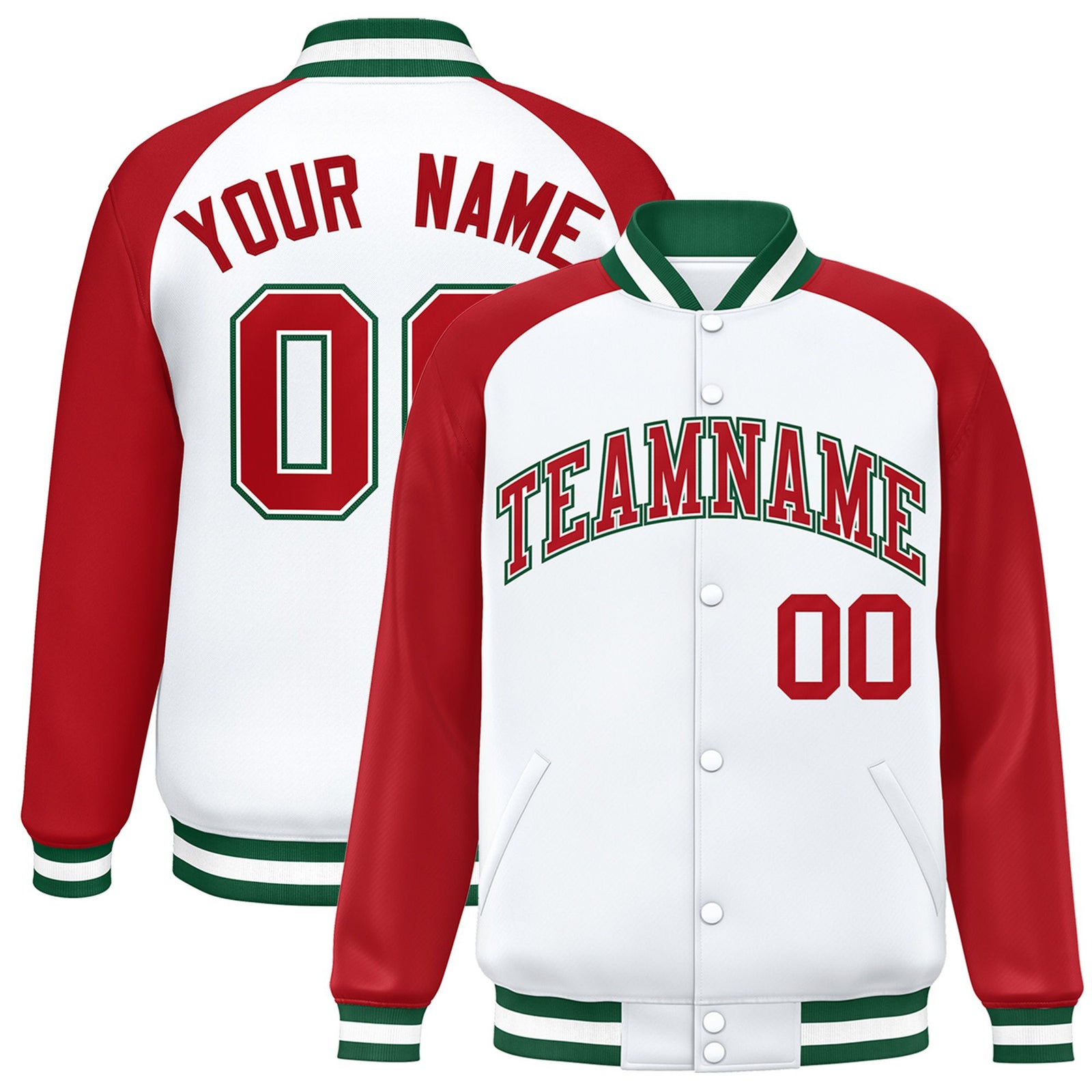 Custom White Royal-Red Green Bomber Raglan Sleeves Varsity Letterman Jacket