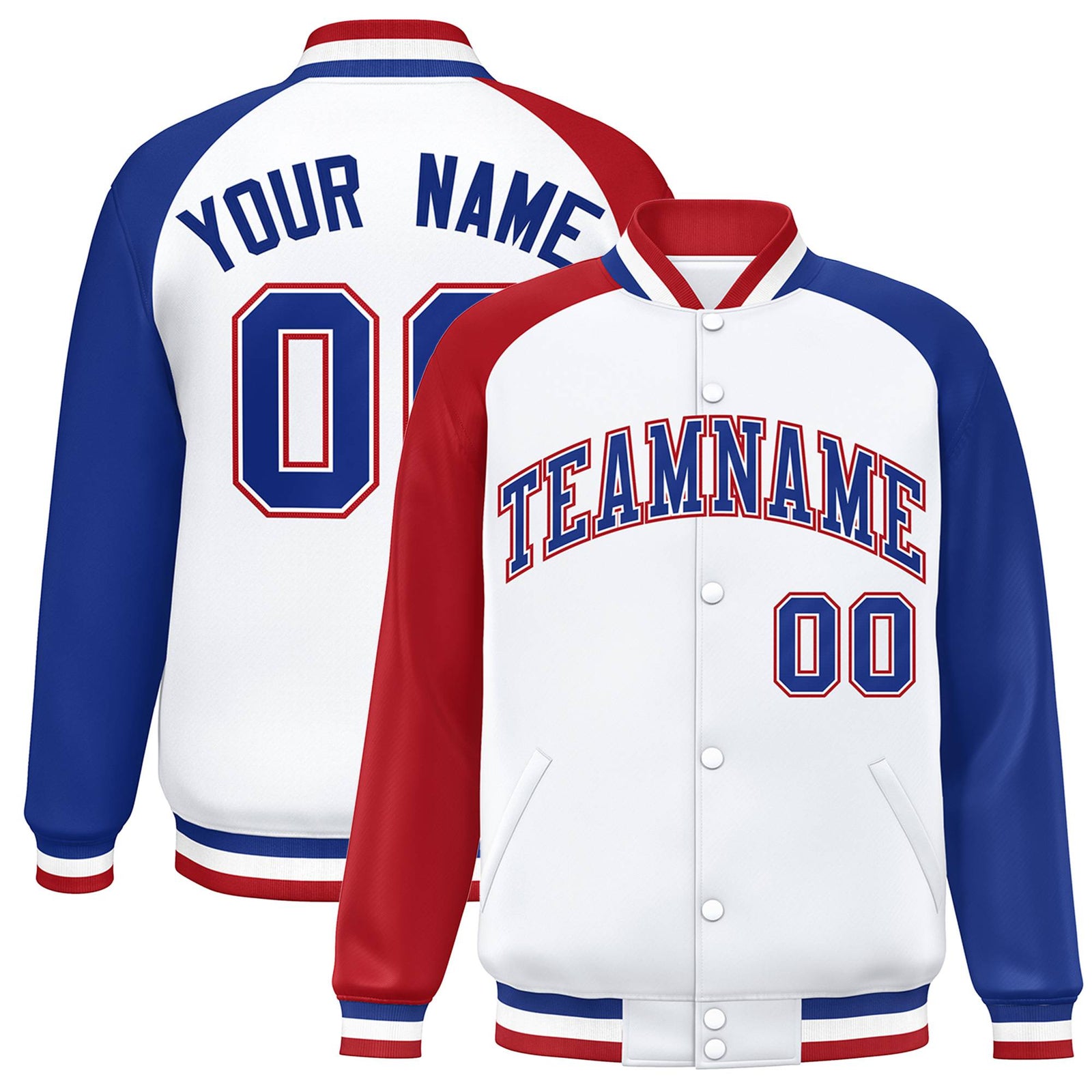 Custom White Royal-Red Thunder-Blue Bomber Raglan Sleeves Varsity Letterman Jacket
