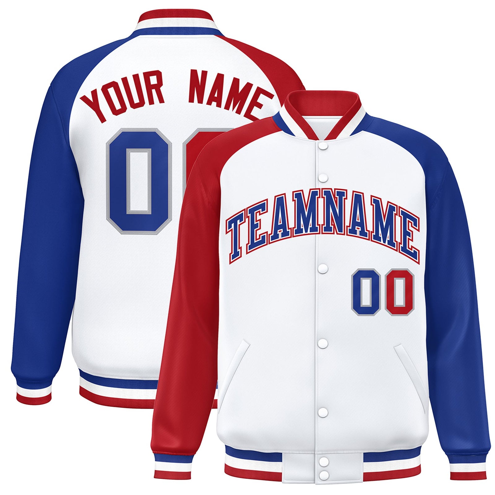 Custom White Royal-Red Thunder-Blue Bomber Raglan Sleeves Varsity Letterman Jacket