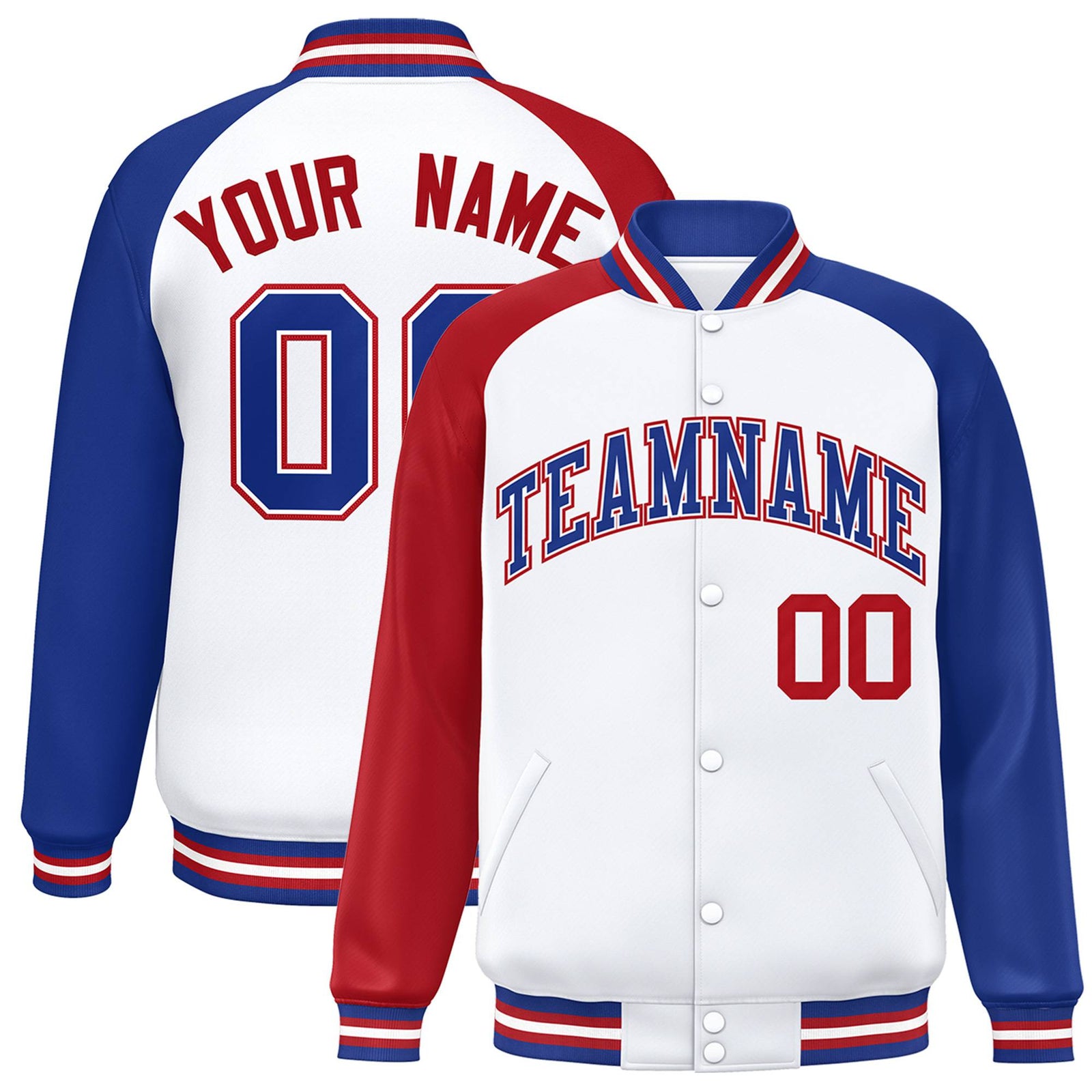 Custom White Royal-Red Thunder-Blue Bomber Raglan Sleeves Varsity Letterman Jacket