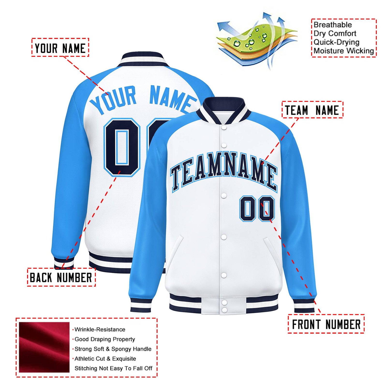 Custom White Light-Blue Black Bomber Raglan Sleeves Varsity Letterman Jacket