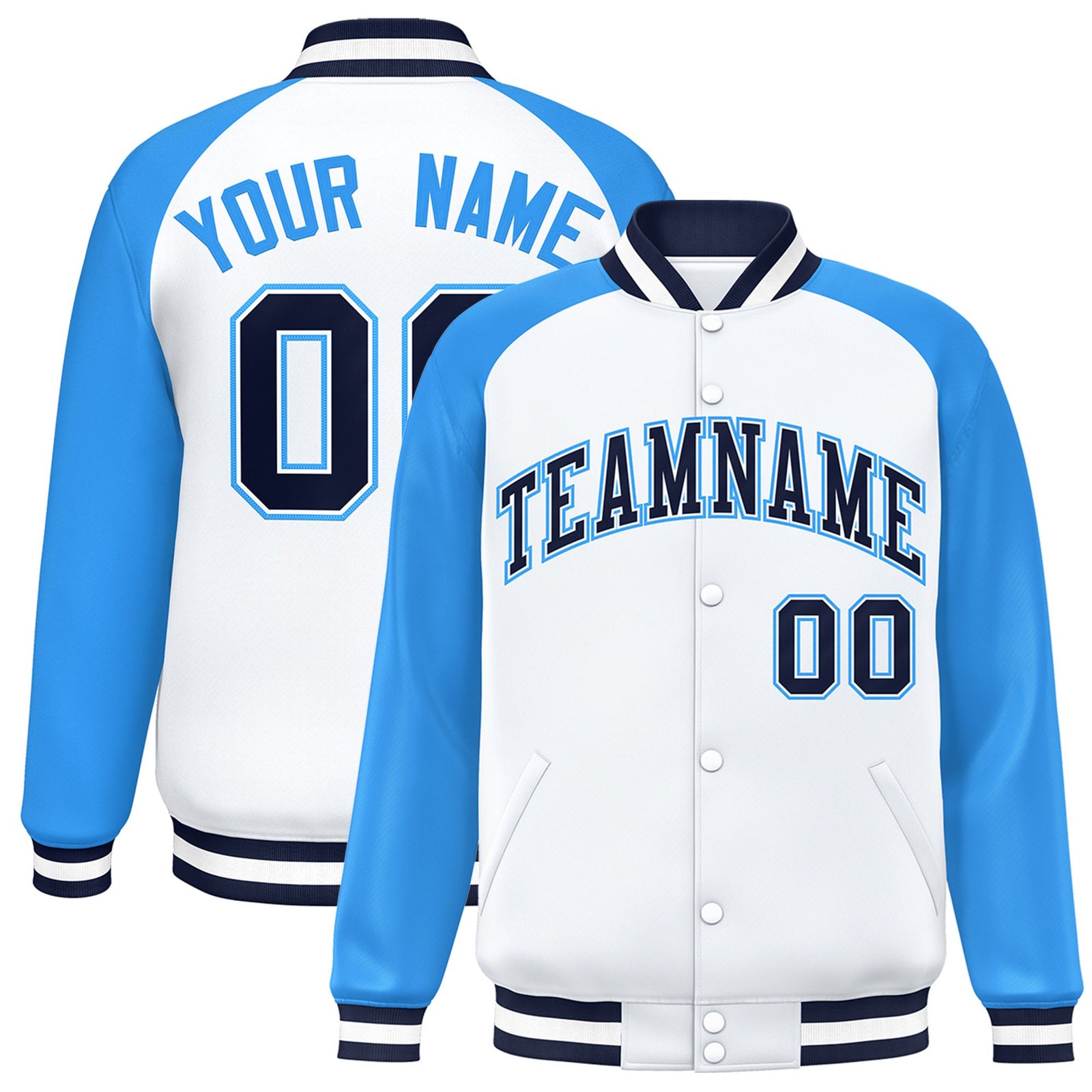 Custom White Light-Blue Black Bomber Raglan Sleeves Varsity Letterman Jacket