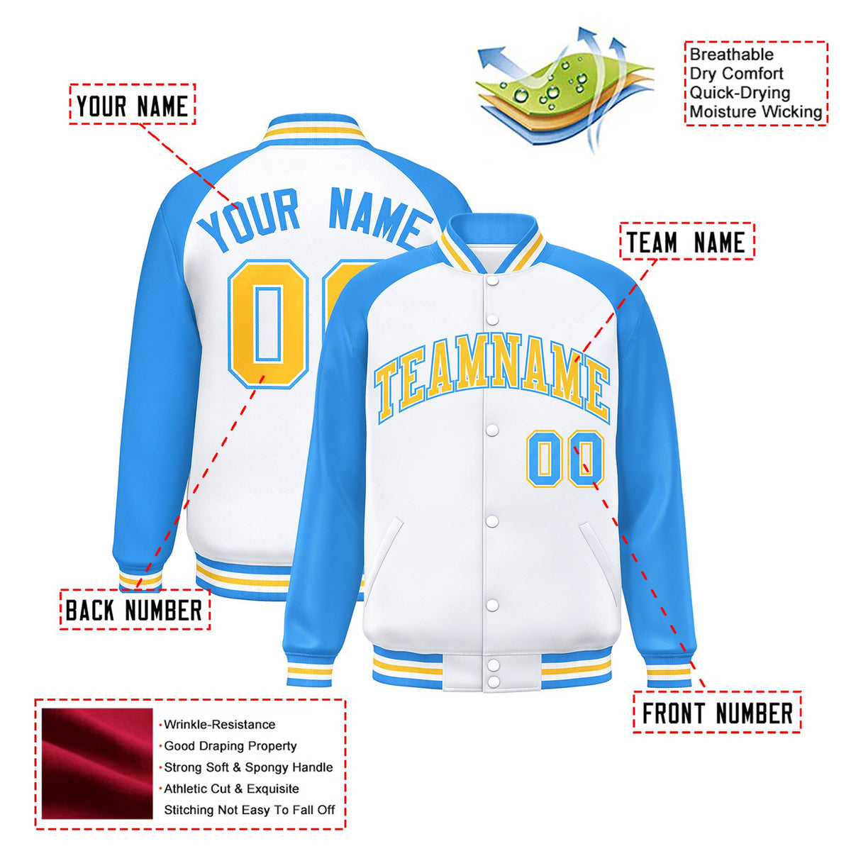 Custom White Light-Blue Yellow Bomber Raglan Sleeves Varsity Letterman Jacket