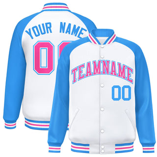 Chaqueta universitaria personalizada con mangas raglán en azul pálido y rosa, con cierre de broche completo - Estilo 1