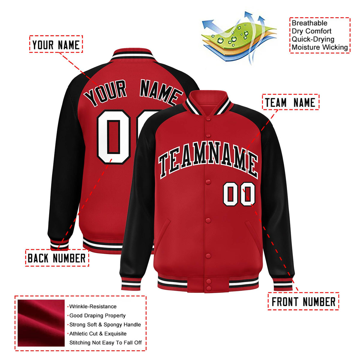 Custom Royal-Red Black-White Bomber Raglan Sleeves Varsity Letterman Jacket