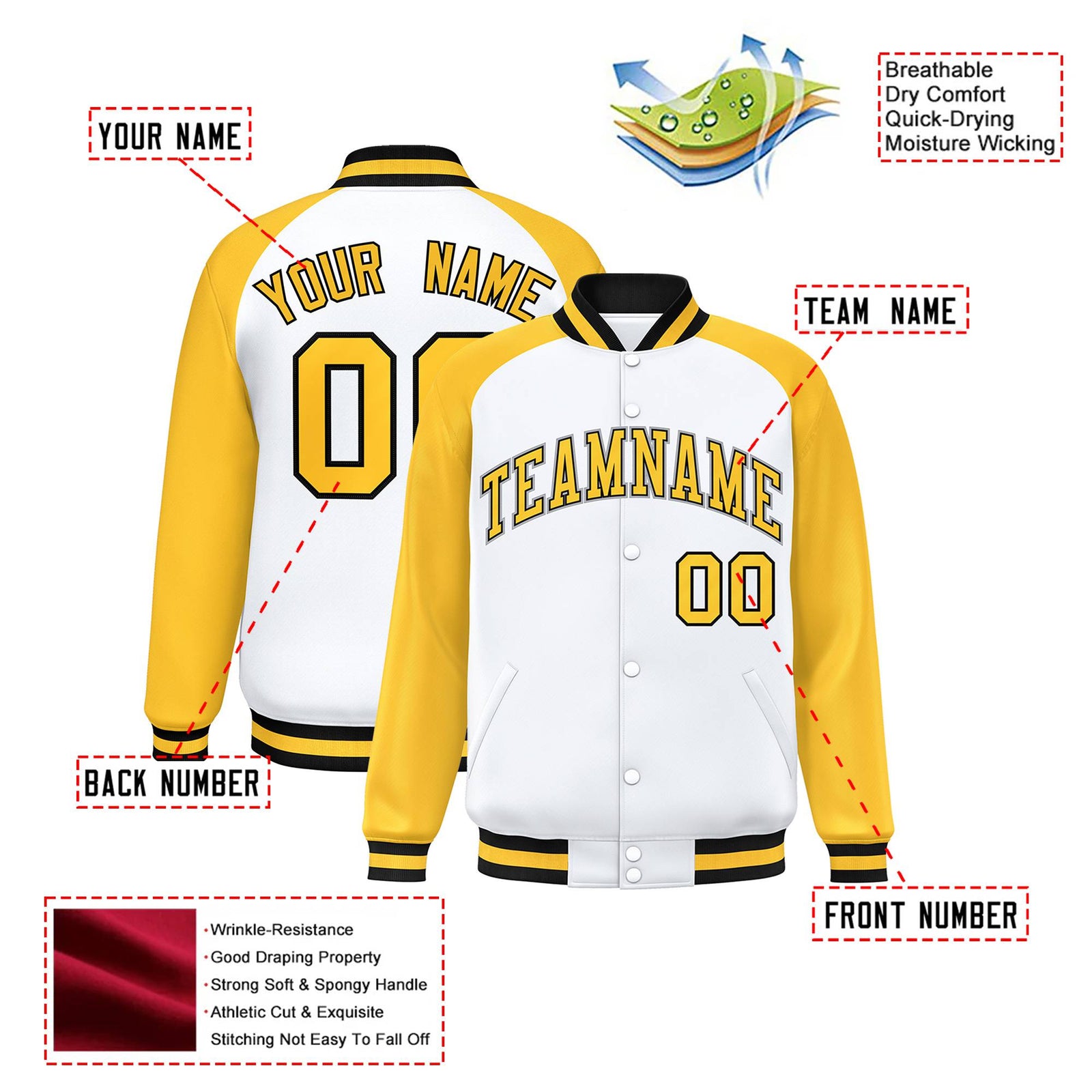 Custom White-Yellow-Black Bomber Raglan Sleeves Varsity Letterman Jacket