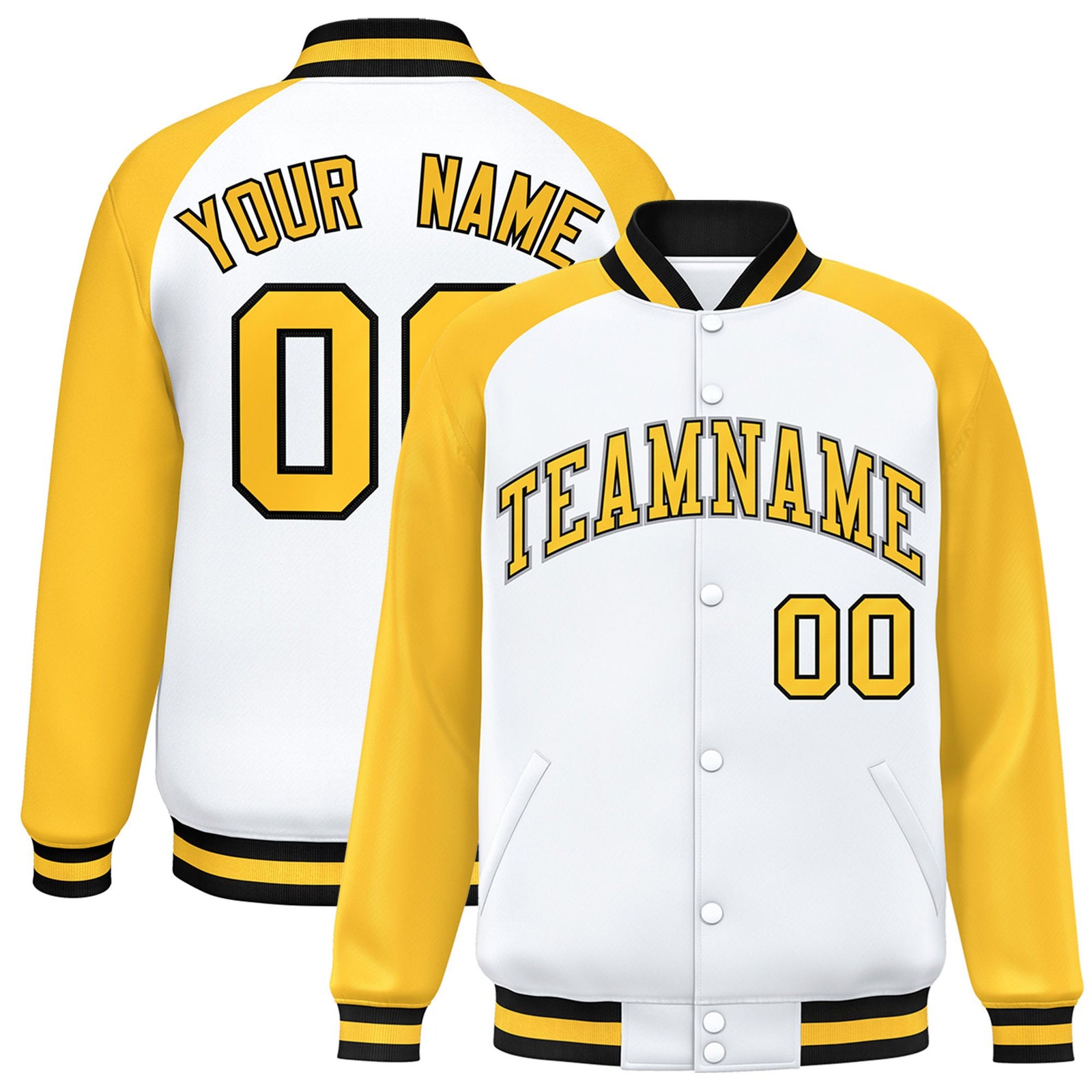 Custom White-Yellow-Black Bomber Raglan Sleeves Varsity Letterman Jacket