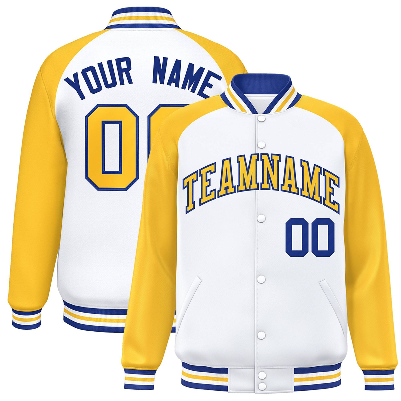 Custom White-Yellow Purple Bomber Raglan Sleeves Varsity Letterman Jacket