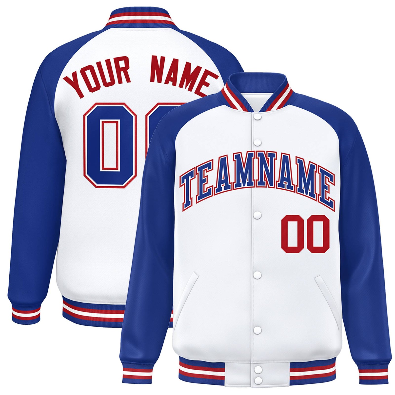 Custom White Thunder-Blue Red Bomber Raglan Sleeves Varsity Letterman Jacket