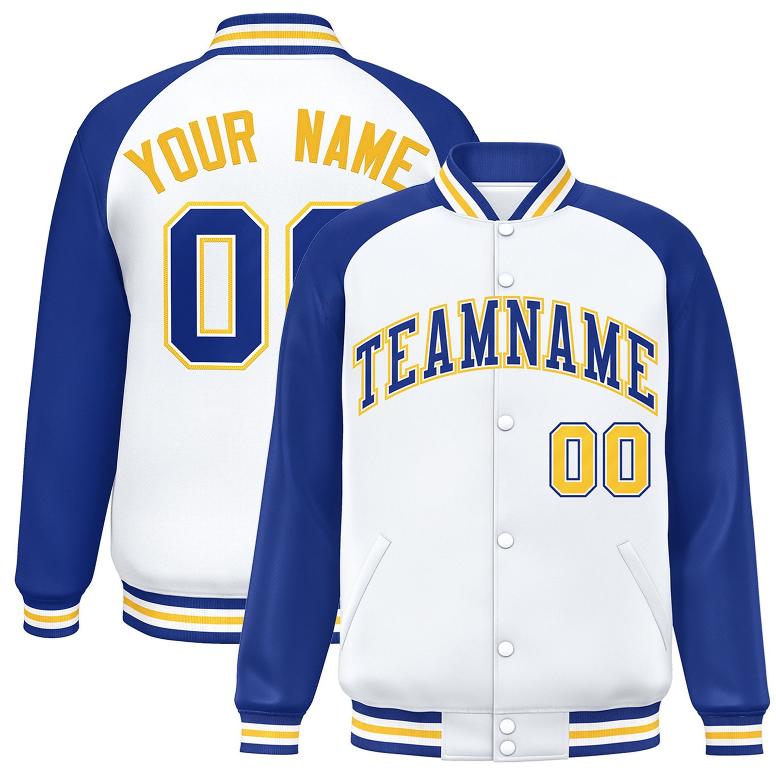 Custom White Thunder-Blue Yellow Bomber Raglan Sleeves Varsity Letterman Jacket