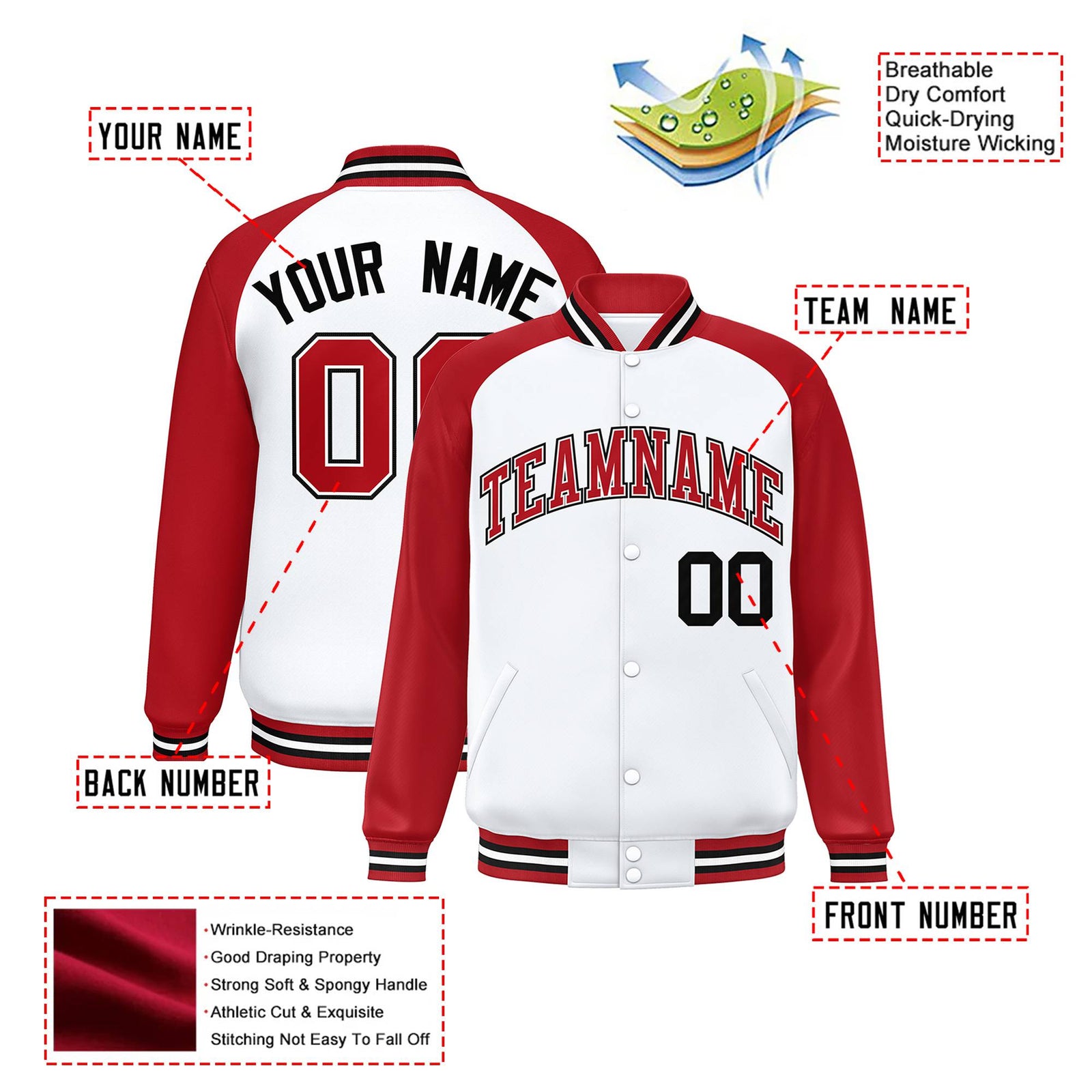 Custom White Red Black Bomber Raglan Sleeves Varsity Letterman Jacket
