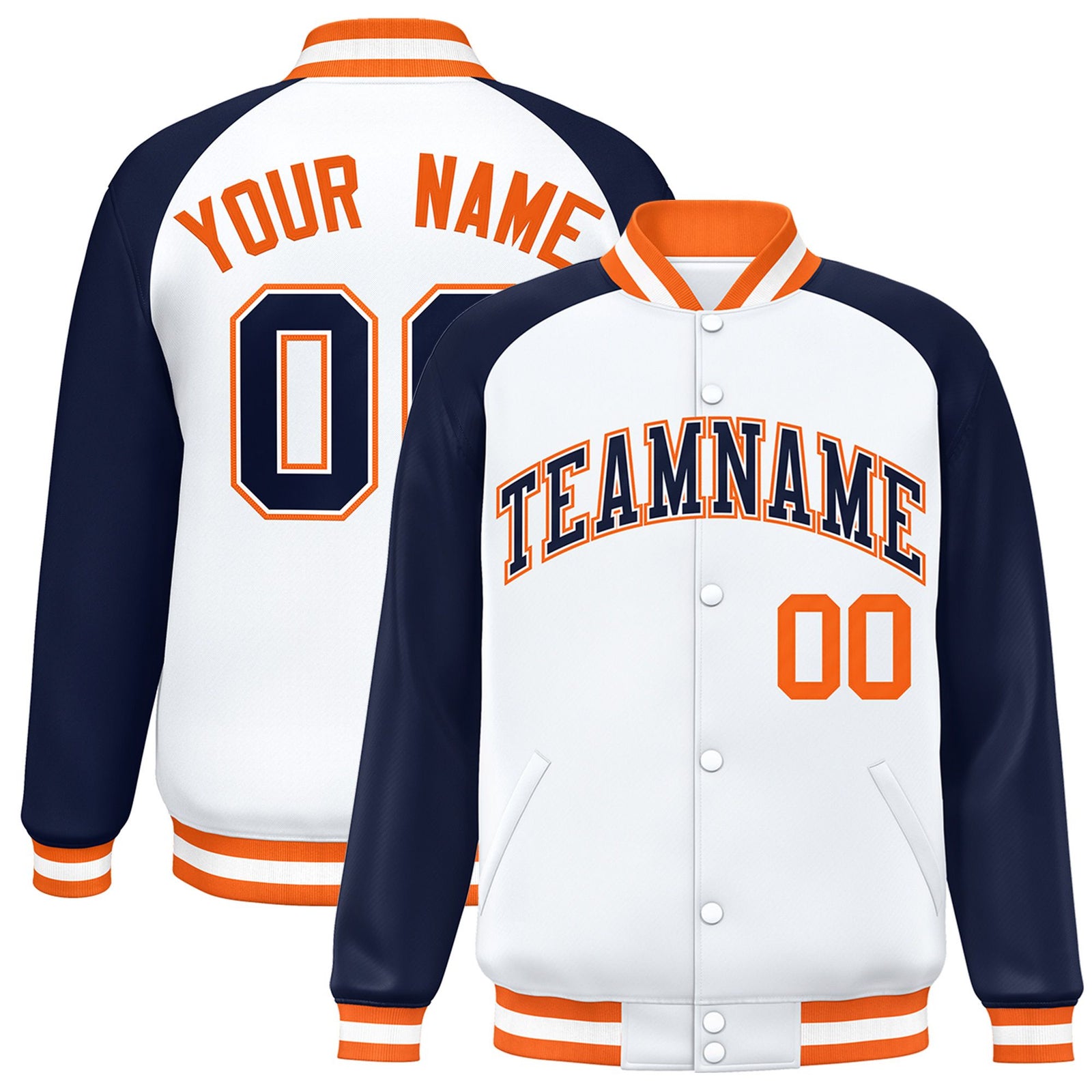 Custom White Navy Orange Bomber Raglan Sleeves Varsity Letterman Jacket