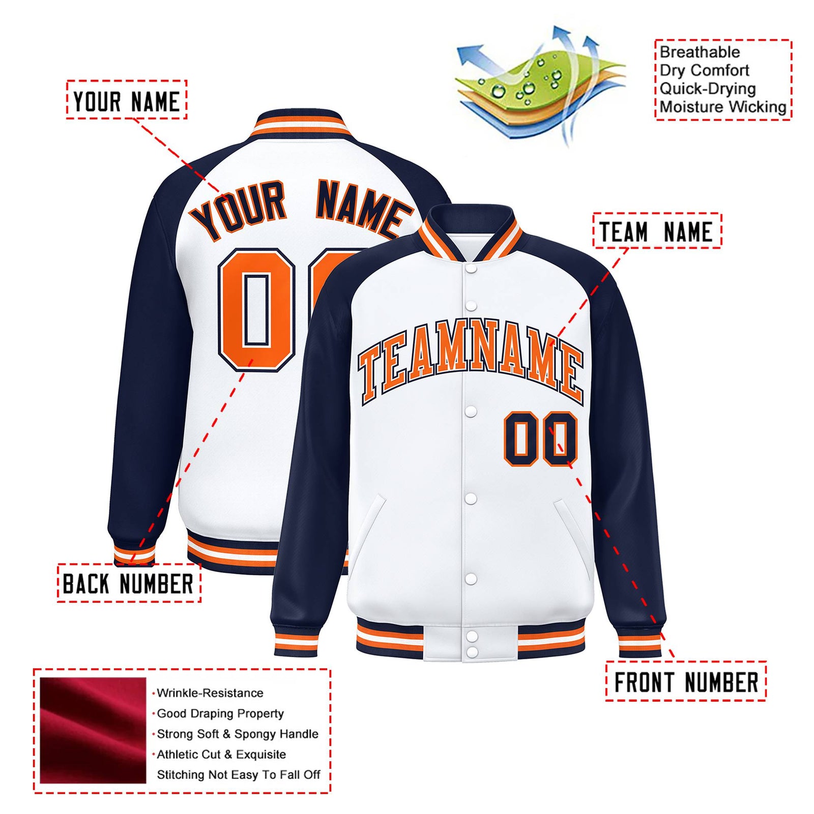 Custom White Navy Orange Bomber Raglan Sleeves Varsity Letterman Jacket