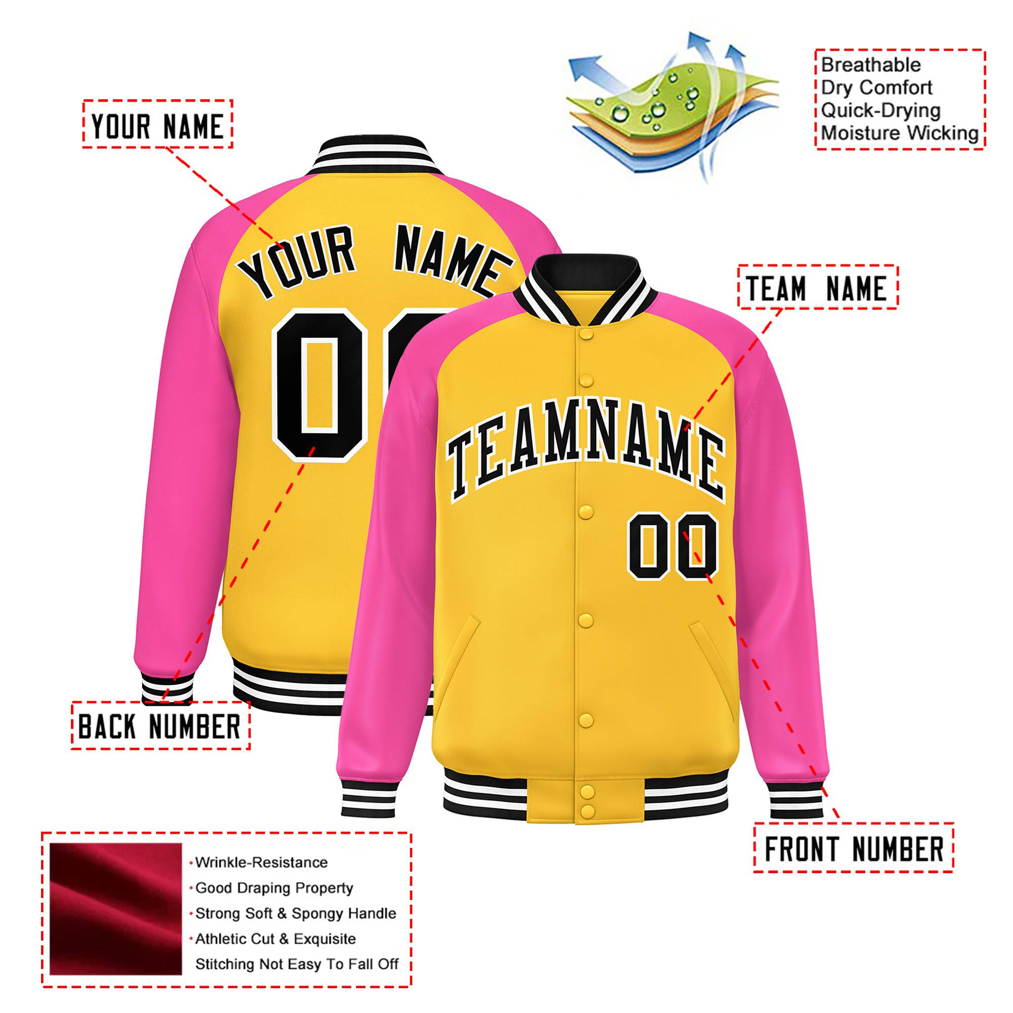 Custom Yellow Pink Black Bomber Raglan Sleeves Varsity Letterman Jacket