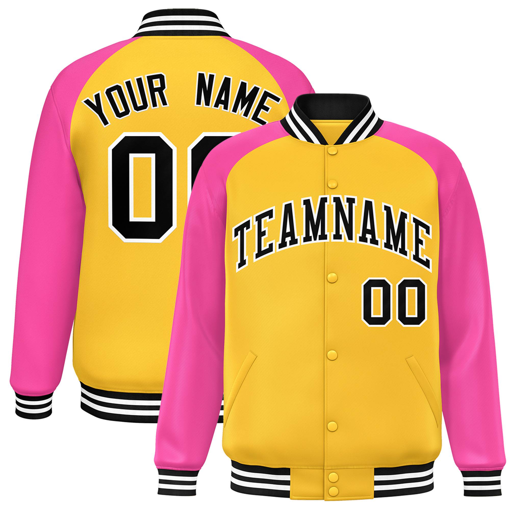 Custom Yellow Pink Black Bomber Raglan Sleeves Varsity Letterman Jacket