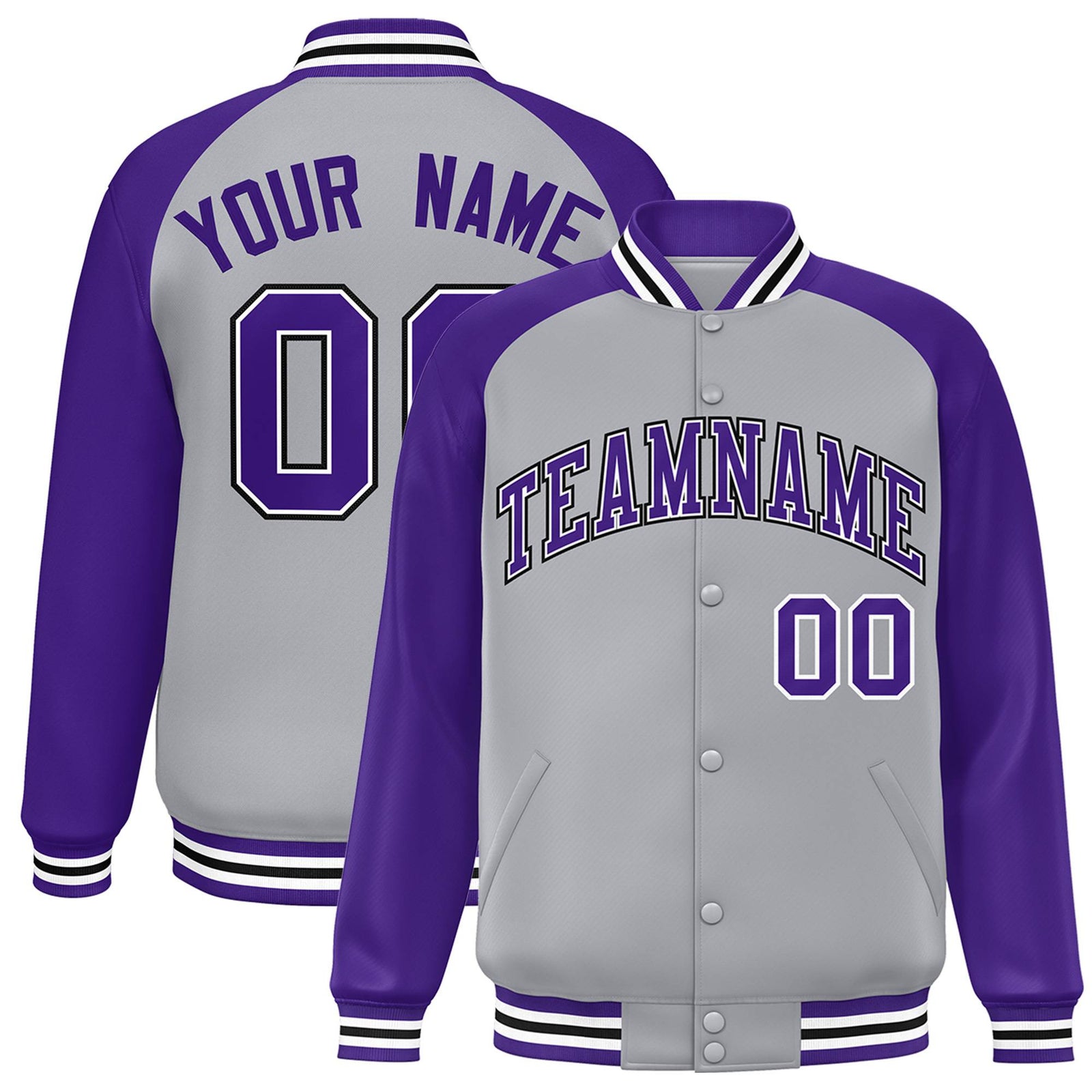 Custom Gray Purple White Bomber Raglan Sleeves Varsity Letterman Jacket