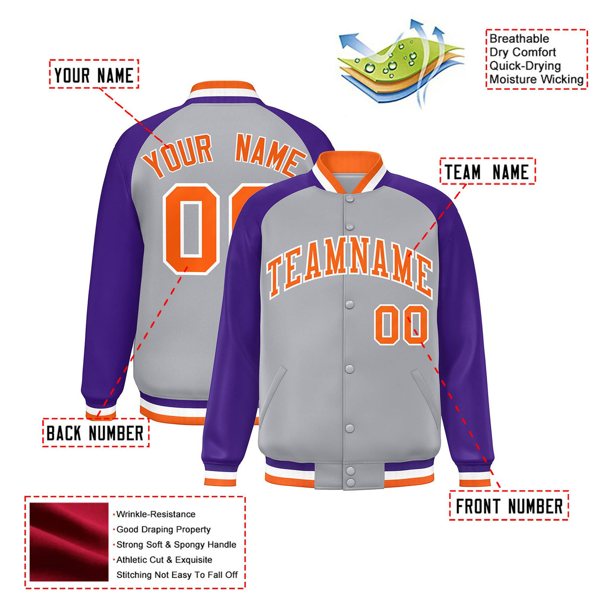 Custom Gray Purple Orange Bomber Raglan Sleeves Varsity Letterman Jacket