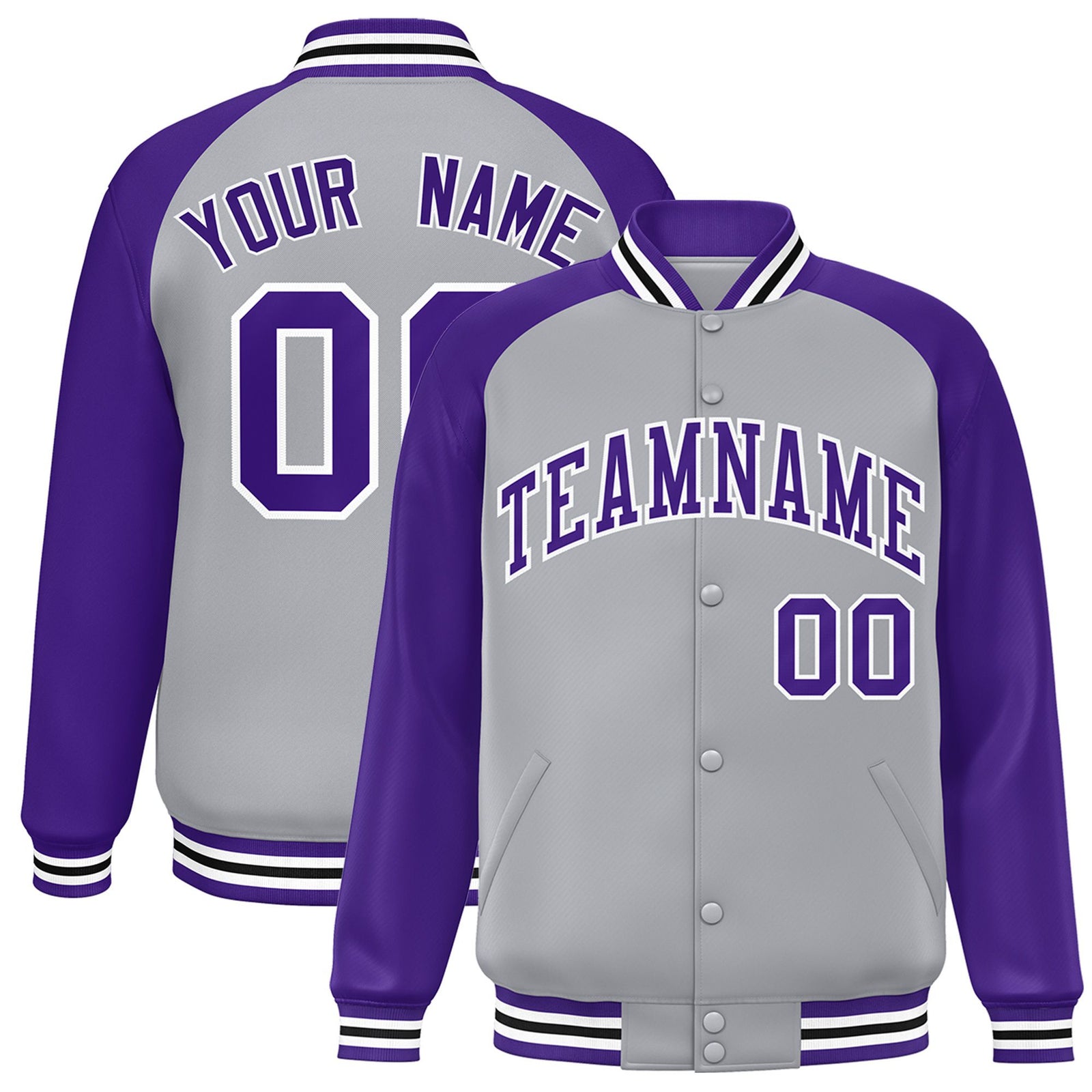 Custom Gray Purple White Bomber Raglan Sleeves Varsity Letterman Jacket