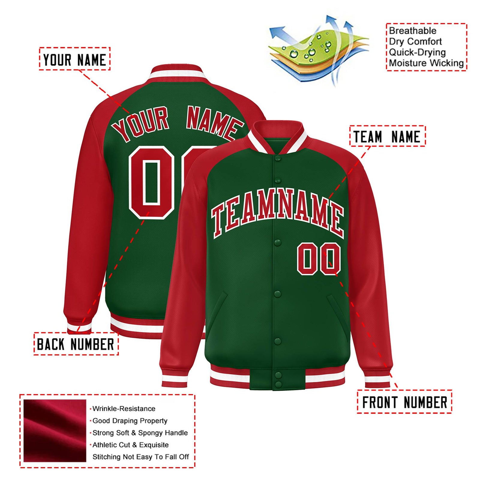 Custom Kelly Green Red White Bomber Raglan Sleeves Varsity Letterman Jacket