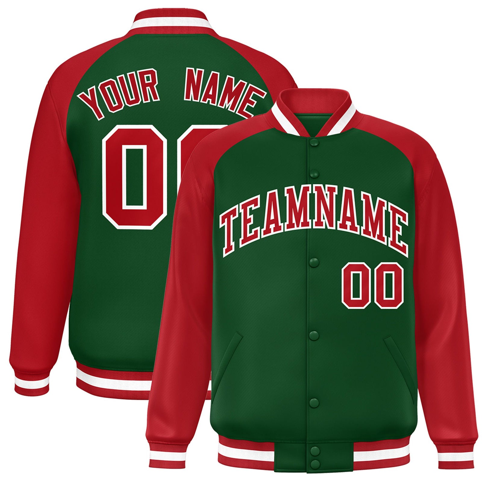 Custom Kelly Green Red White Bomber Raglan Sleeves Varsity Letterman Jacket