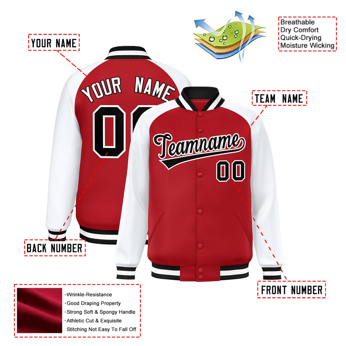 Custom Royal-Red Black-White Bomber Raglan Sleeves Varsity Letterman Jacket