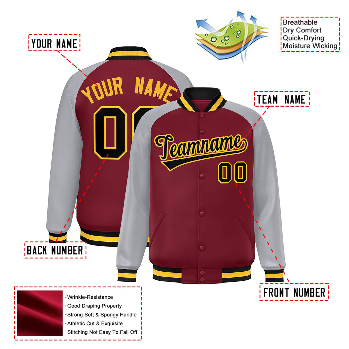 Custom Royal-Red Gray Black-Gold Bomber Raglan Sleeves Varsity Letterman Jacket