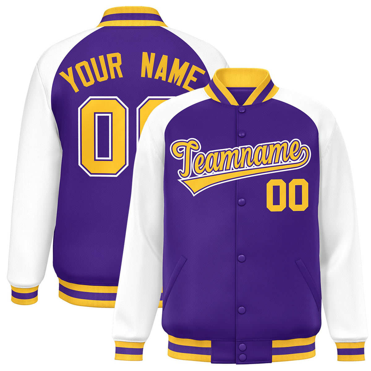 Custom Purple White-Yellow Bomber Raglan Sleeves Varsity Letterman Jacket
