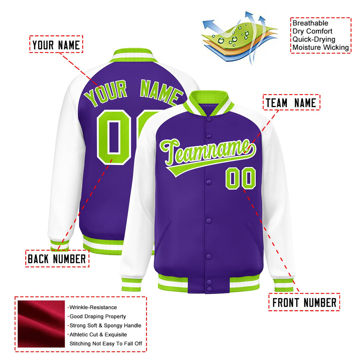 Custom Purple White Neon-Green Bomber Raglan Sleeves Varsity Letterman Jacket