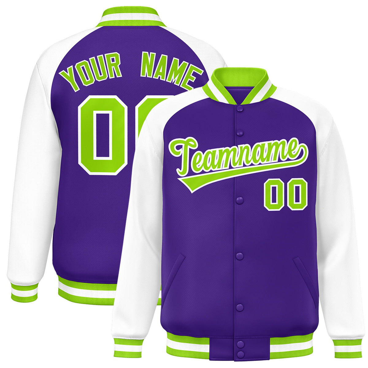 Custom Purple White Neon-Green Bomber Raglan Sleeves Varsity Letterman Jacket