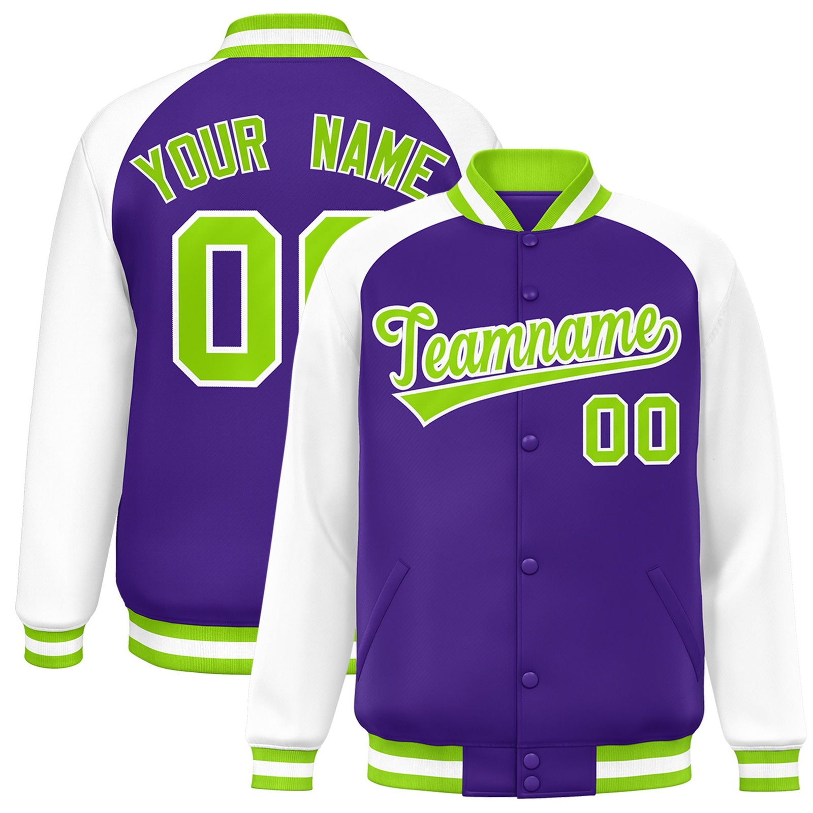 Custom Purple White Neon-Green Bomber Raglan Sleeves Varsity Letterman Jacket