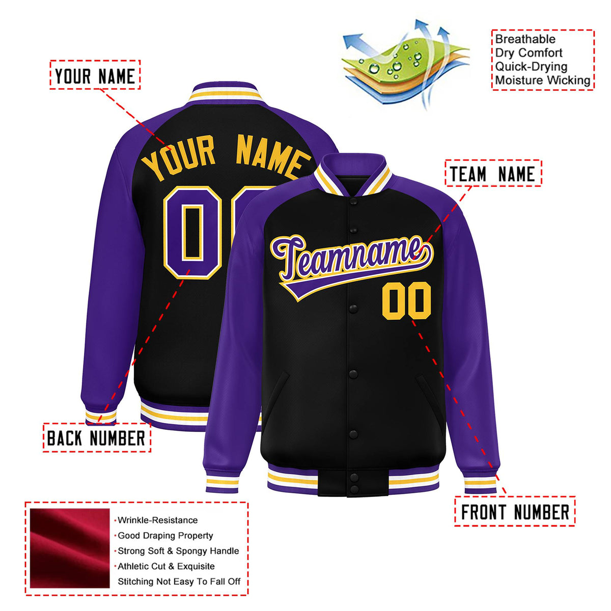 Custom Black Purple-Yellow Bomber Raglan Sleeves Varsity Letterman Jacket