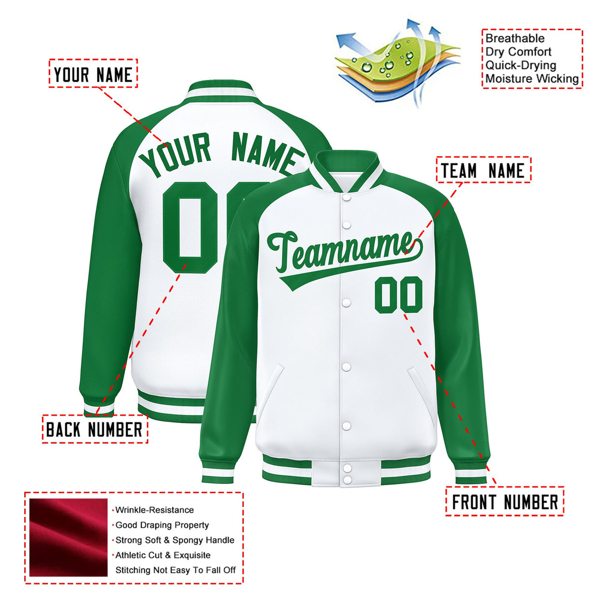 Custom White Neon-Green Bomber Raglan Sleeves Varsity Letterman Jacket