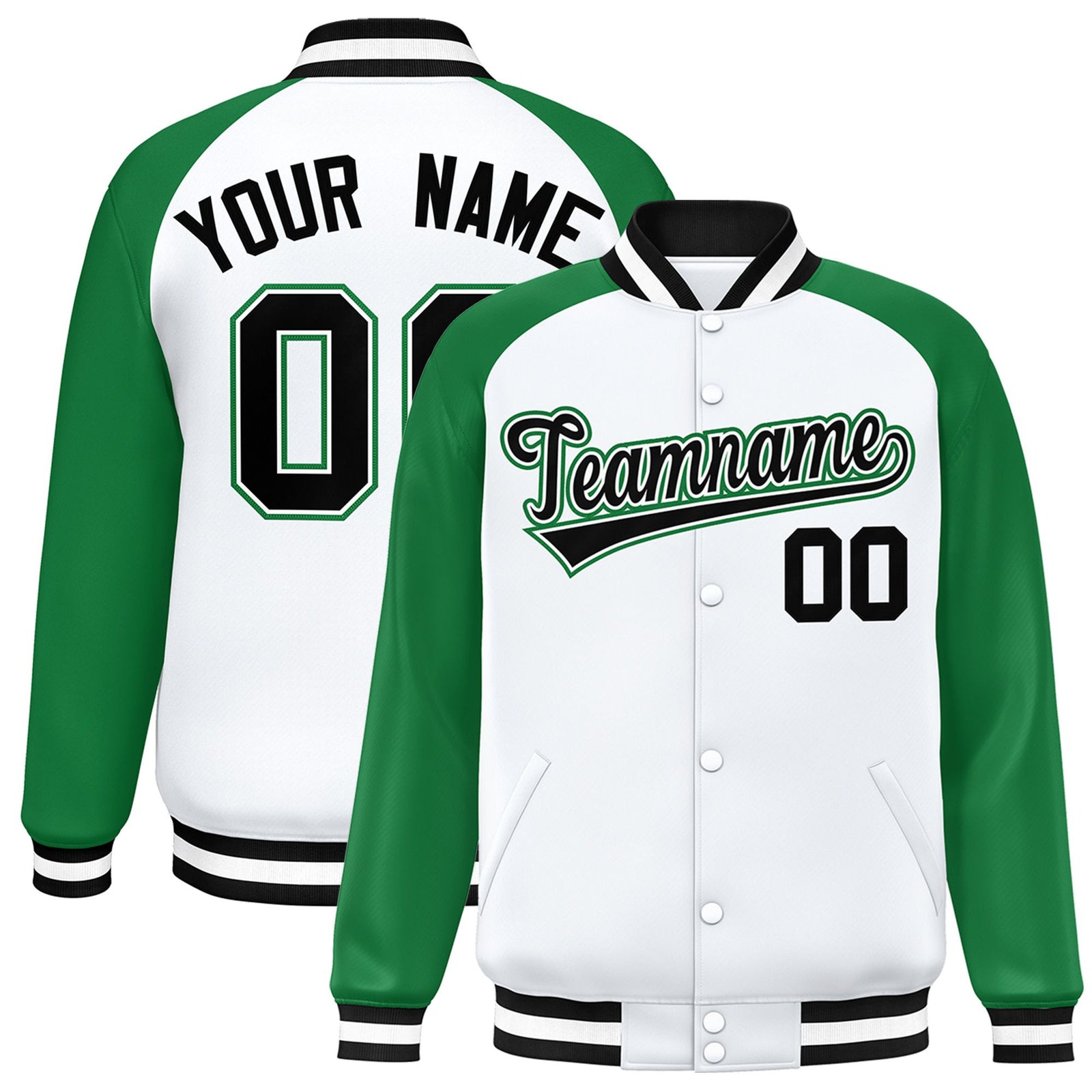 Custom White Neon-Green Black Bomber Raglan Sleeves Varsity Letterman Jacket