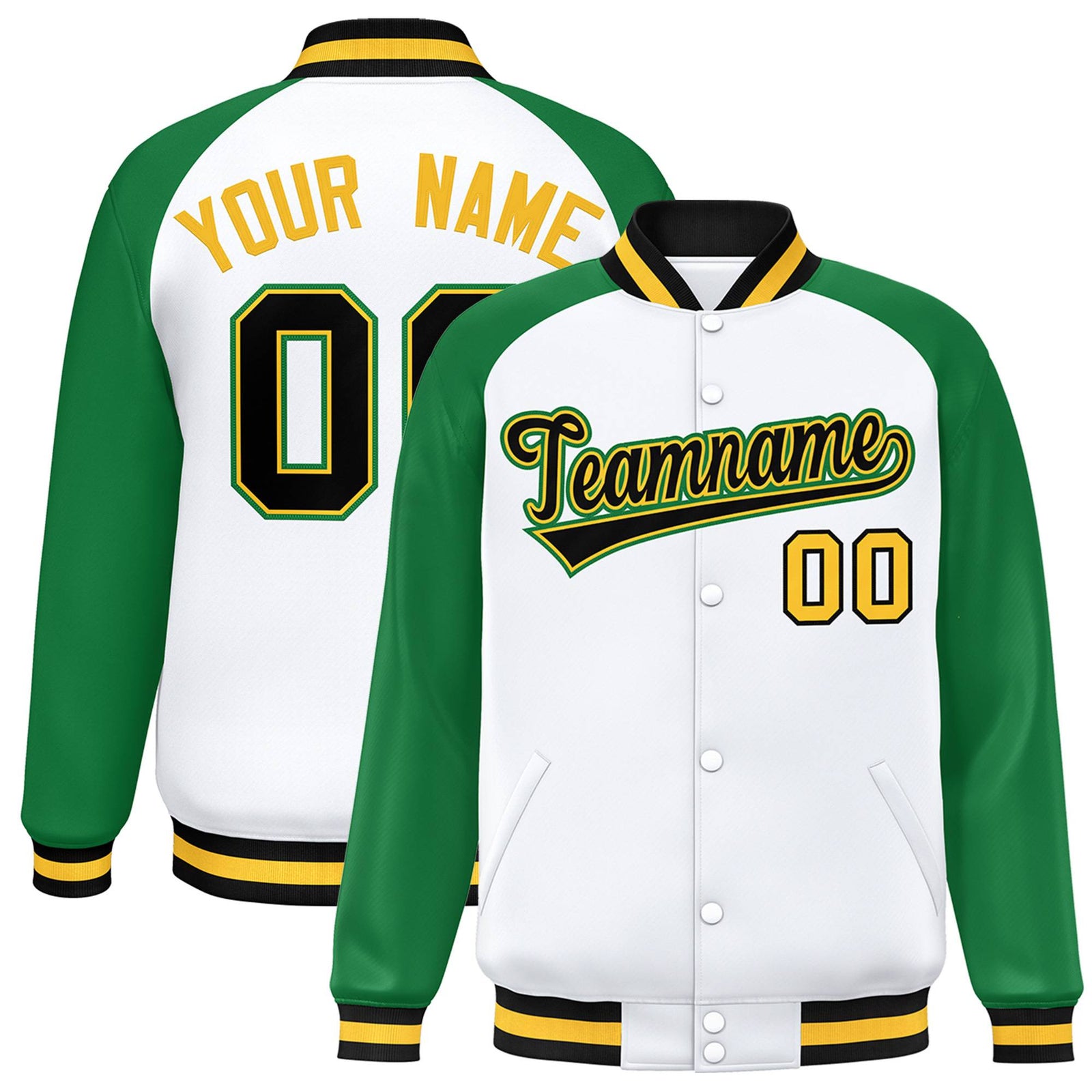 Custom White Neon-Green Black-Yellow Bomber Raglan Sleeves Varsity Letterman Jacket