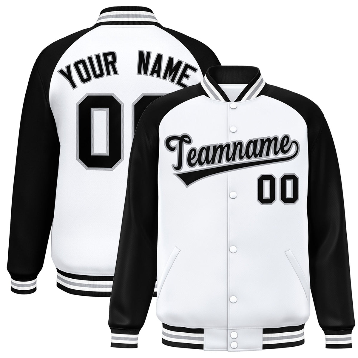 Custom White Black-Gray Bomber Raglan Sleeves Varsity Letterman Jacket