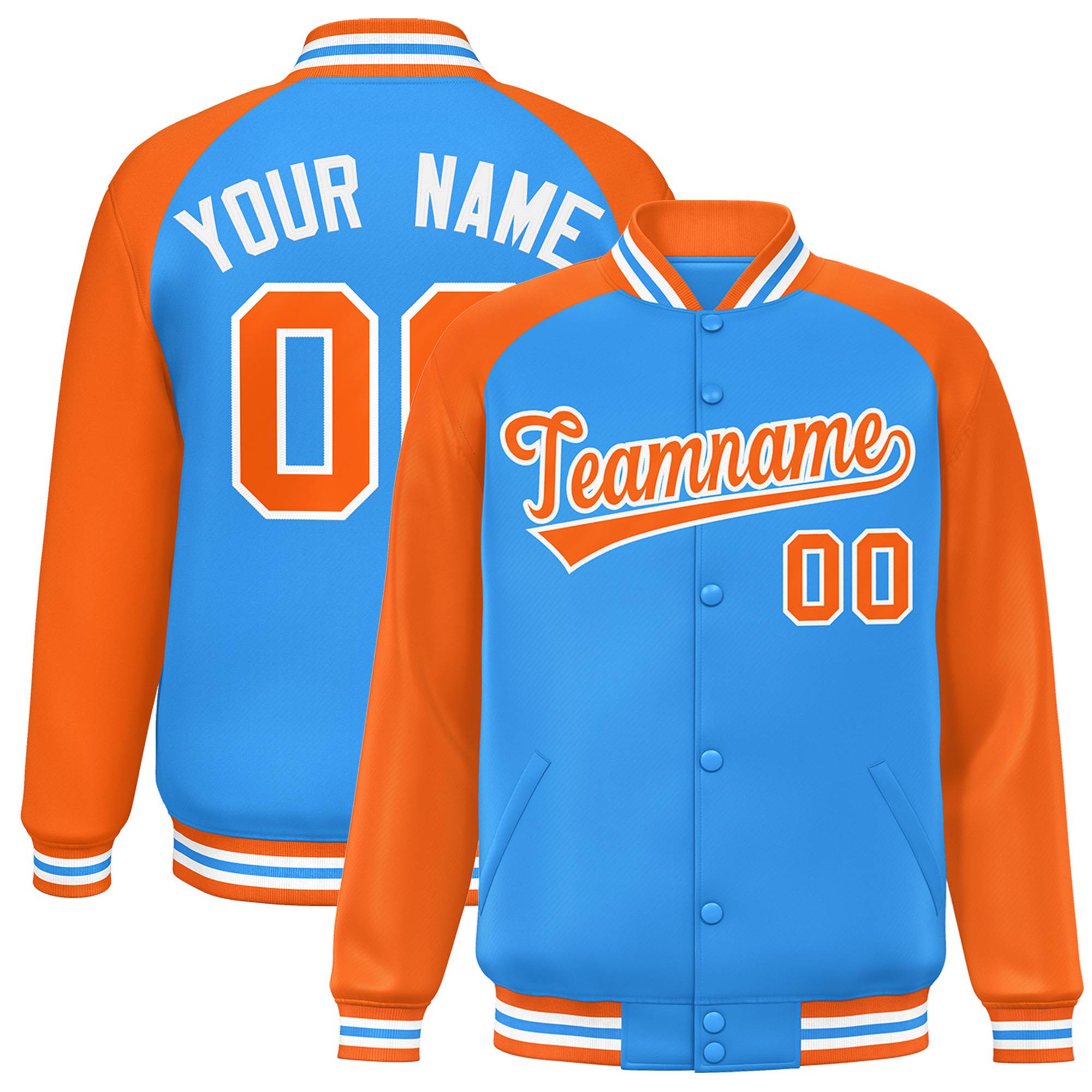 Custom Light Blue Orange-White Bomber Raglan Sleeves Varsity Letterman Jacket