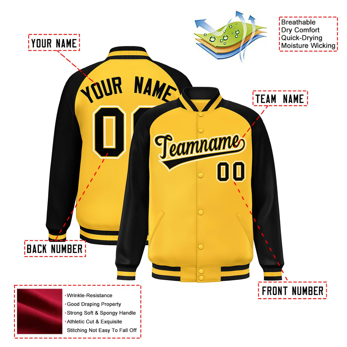 Custom Yellow Black Bomber Raglan Sleeves Varsity Letterman Jacket