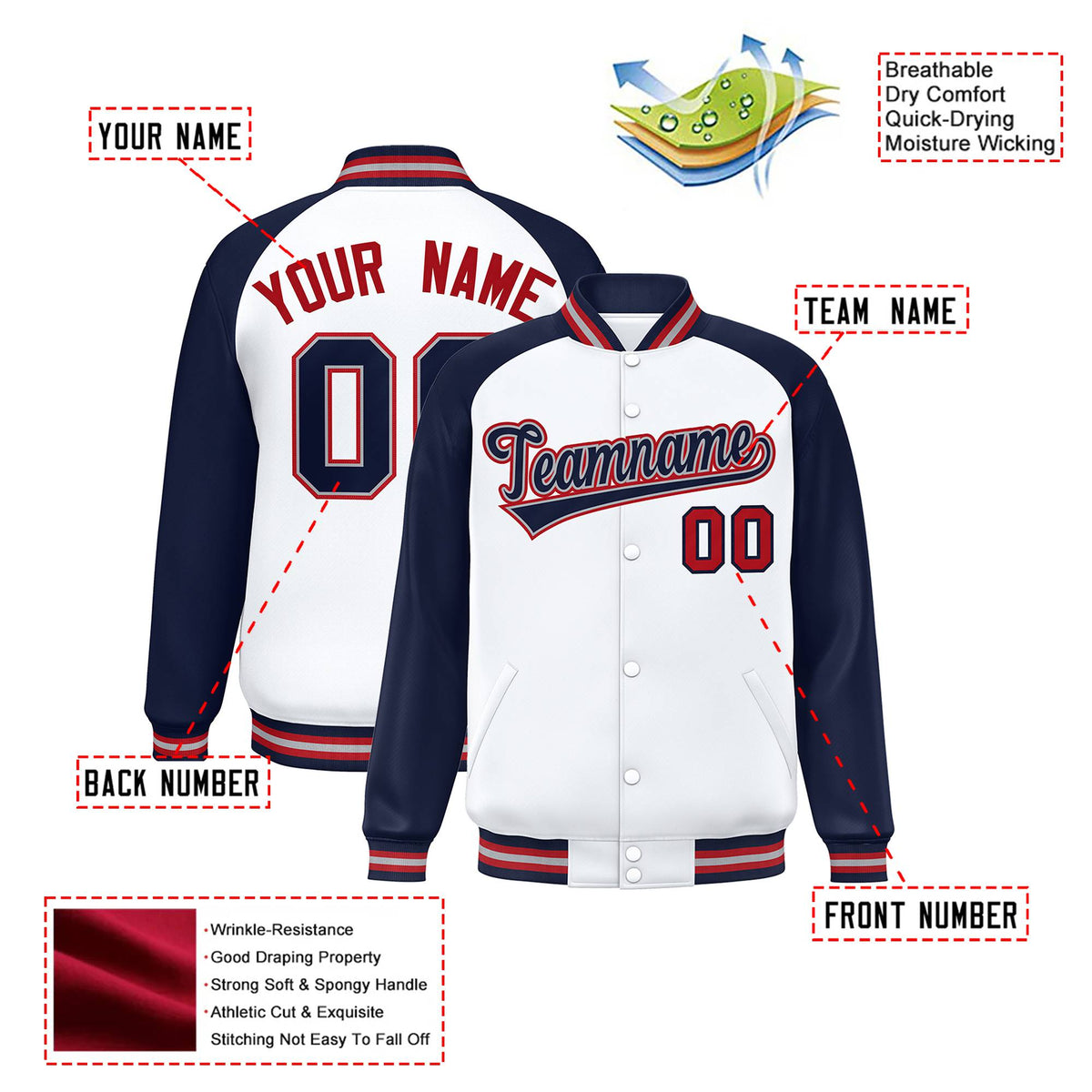 Custom White Navy-Red Gray Bomber Raglan Sleeves Varsity Letterman Jacket