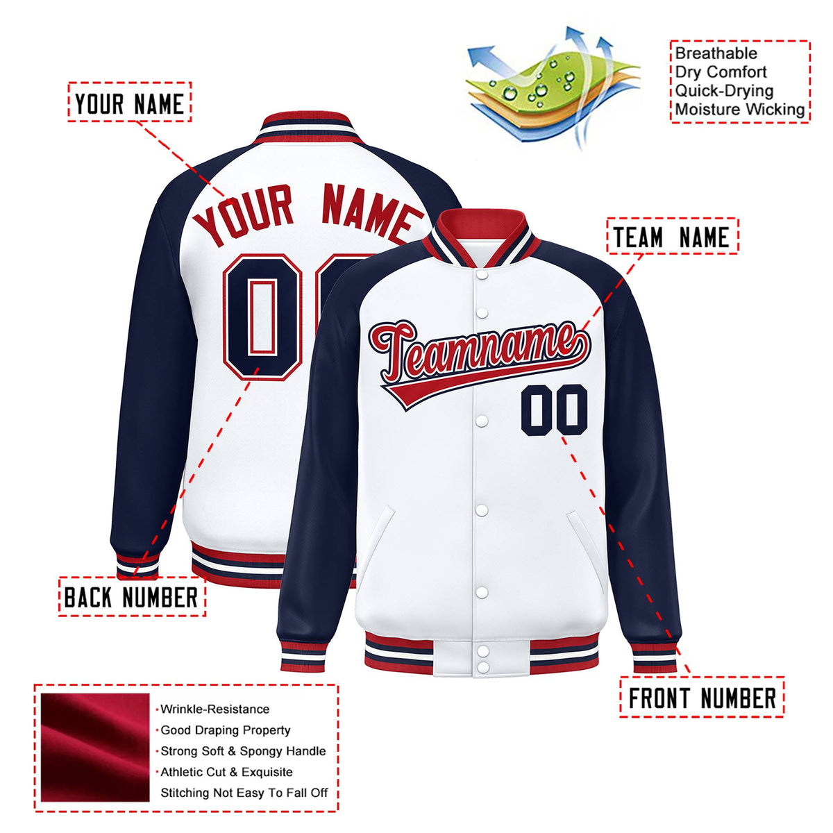 Custom White Navy-Red Bomber Raglan Sleeves Varsity Letterman Jacket