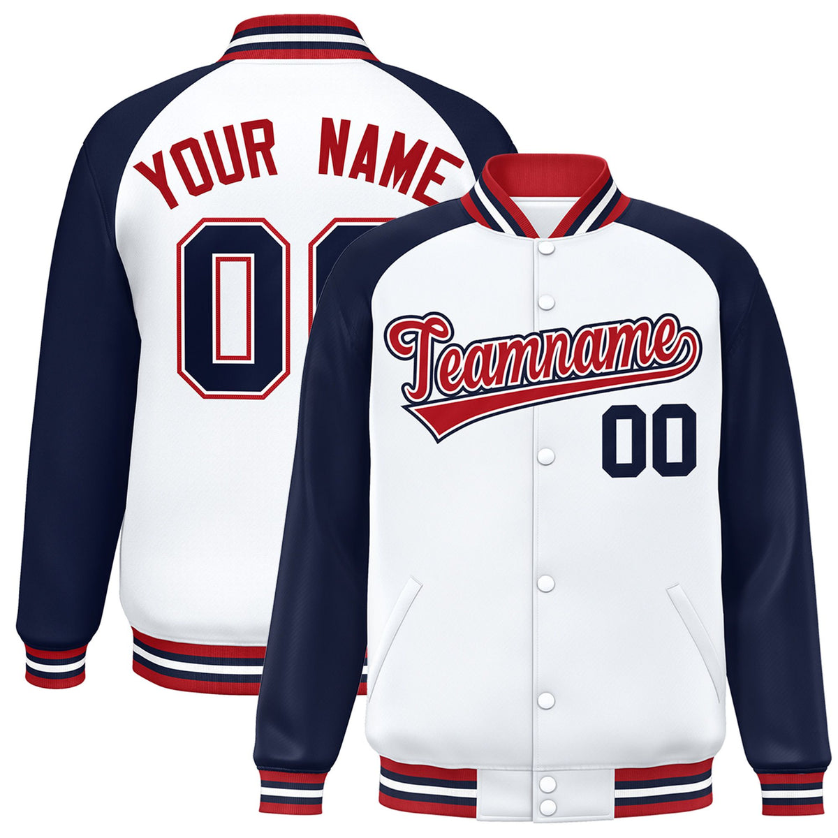 Custom White Navy-Red Bomber Raglan Sleeves Varsity Letterman Jacket